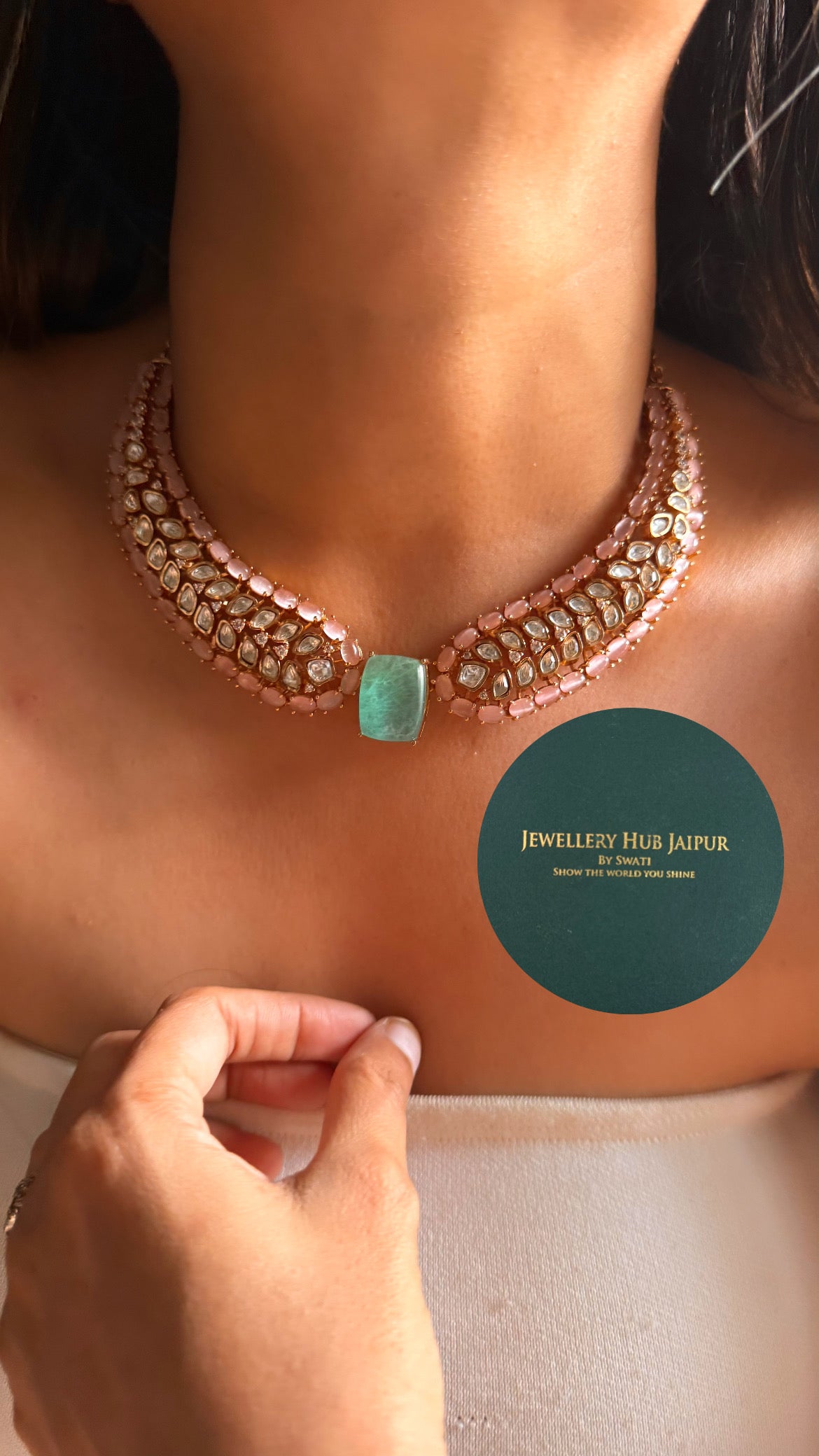 Mint doublet & rose quartz moissanite designer cocktail collar set
