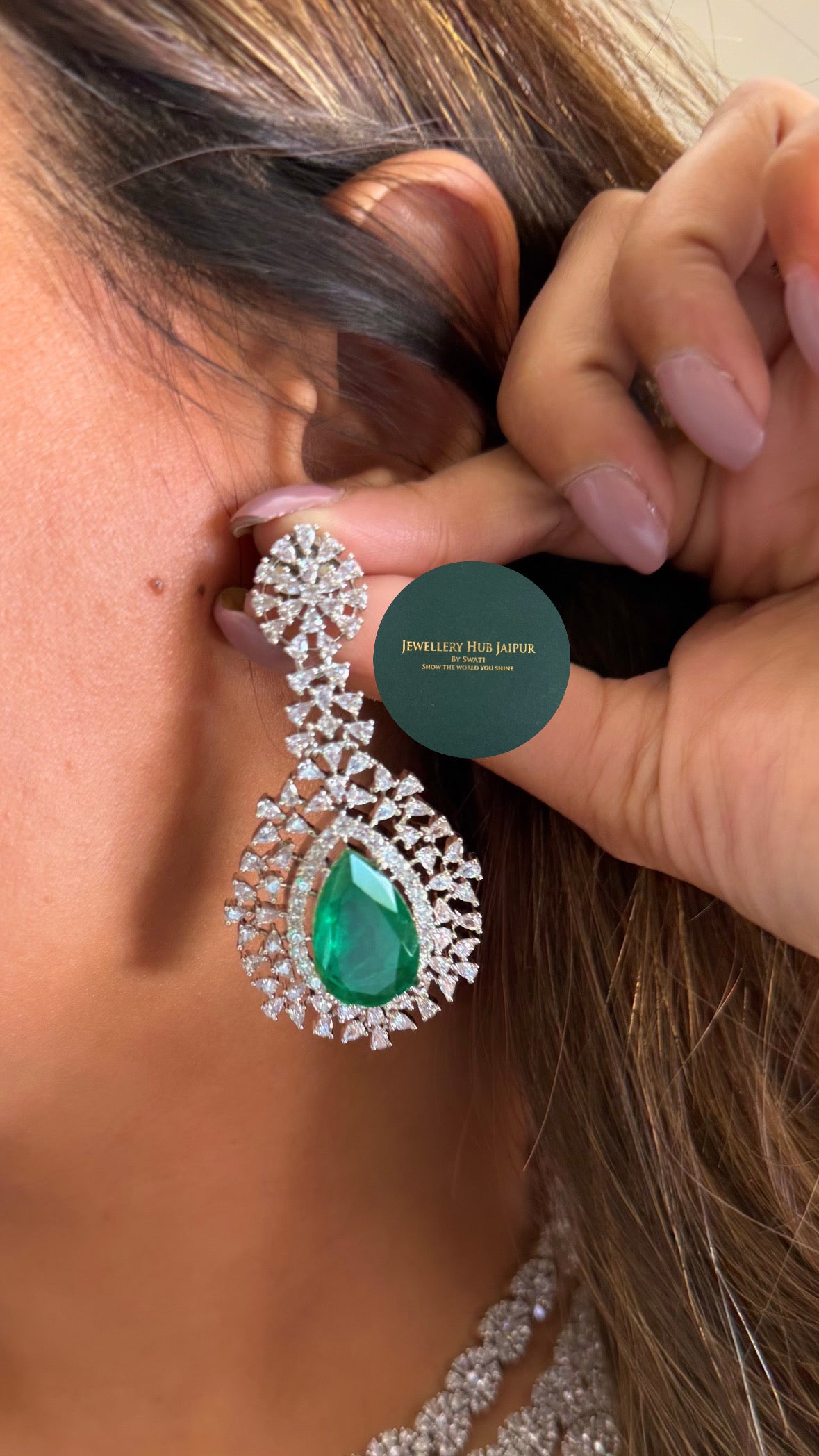 Emerald drop doublet triple layer diamond necklace