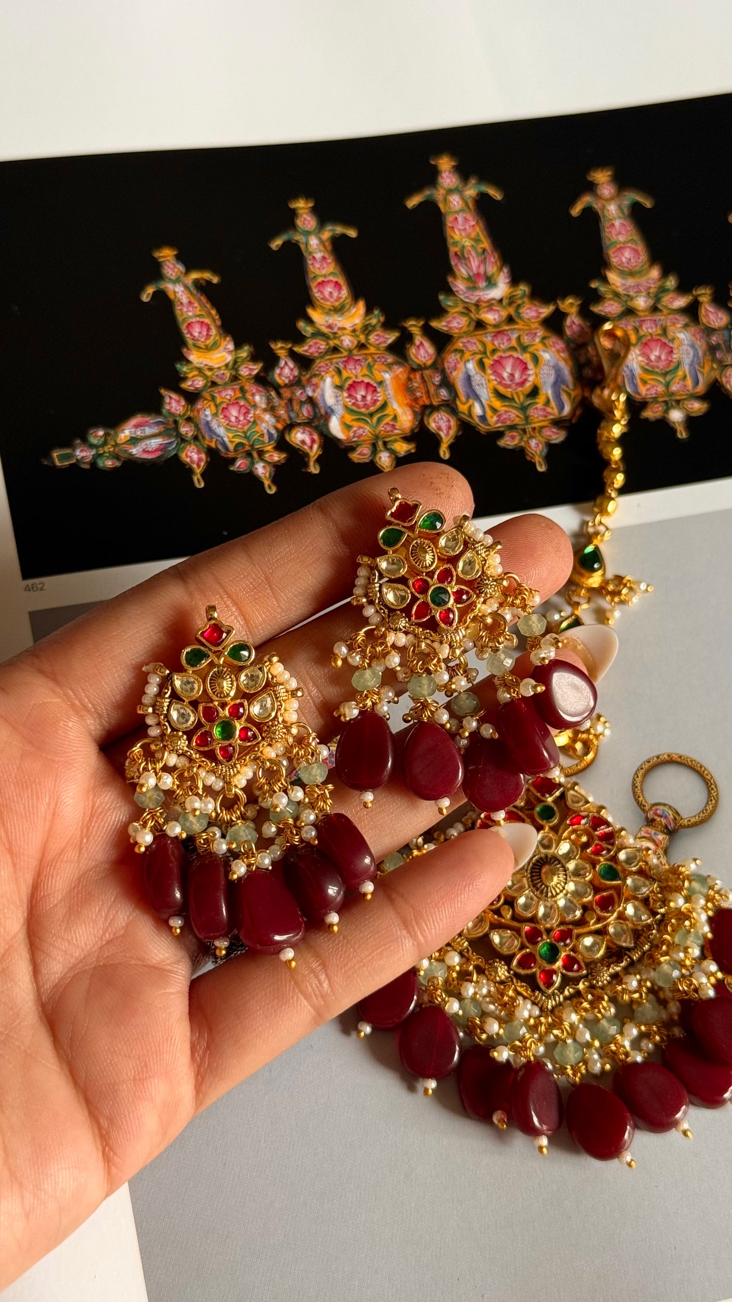 Paachi Ruby & emerald with ruby drops rajwada maangtika & earrings