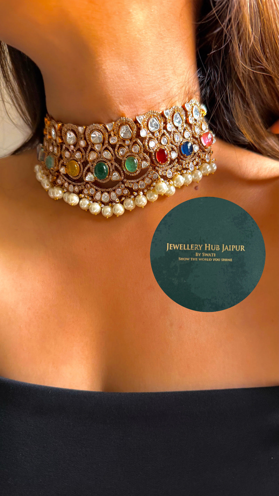 Navratna moissanite with pearl drop choker