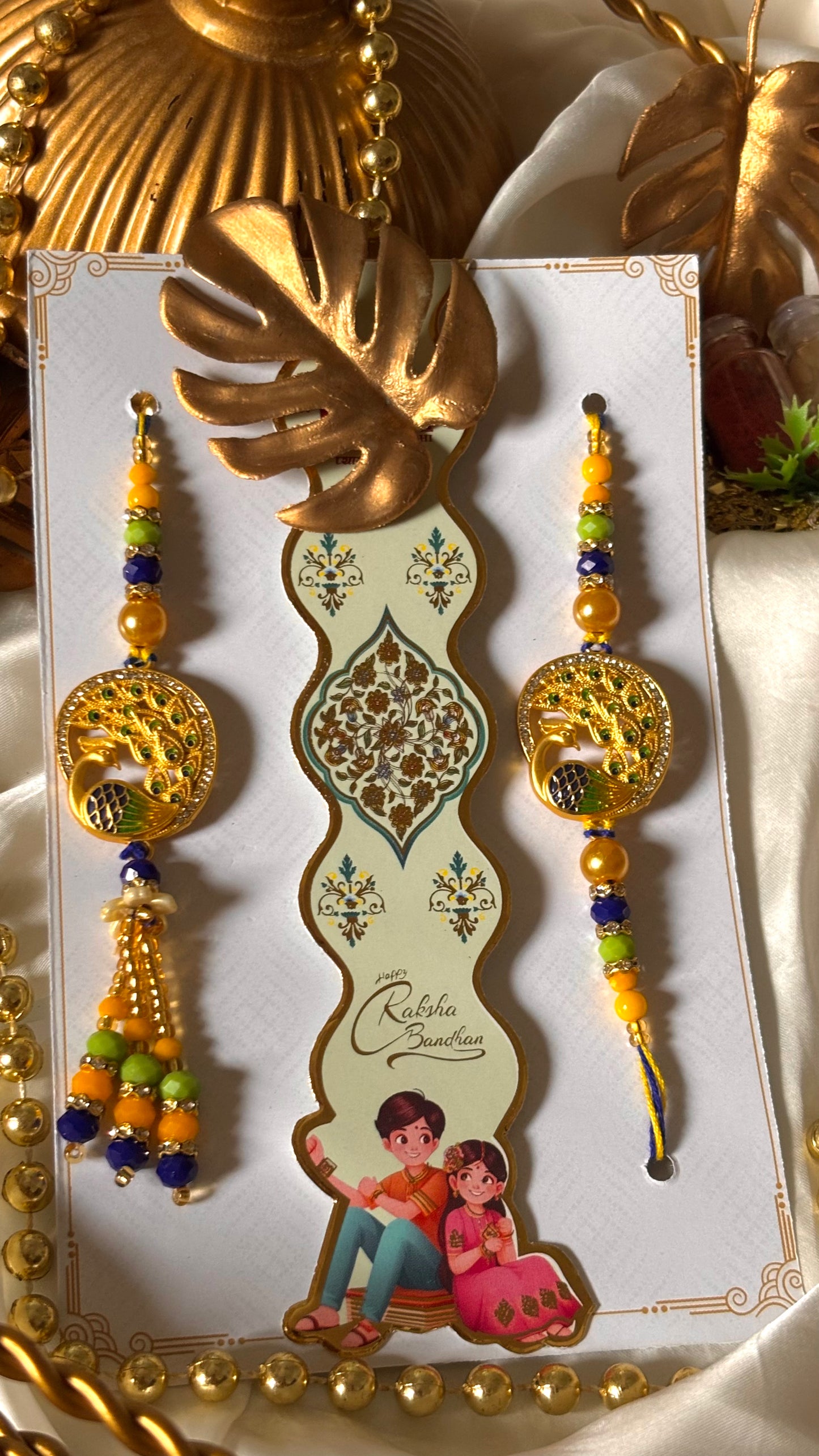 Peacock inspired bhaiya bhabi couple lumba rakhi ( shipping will be extra )