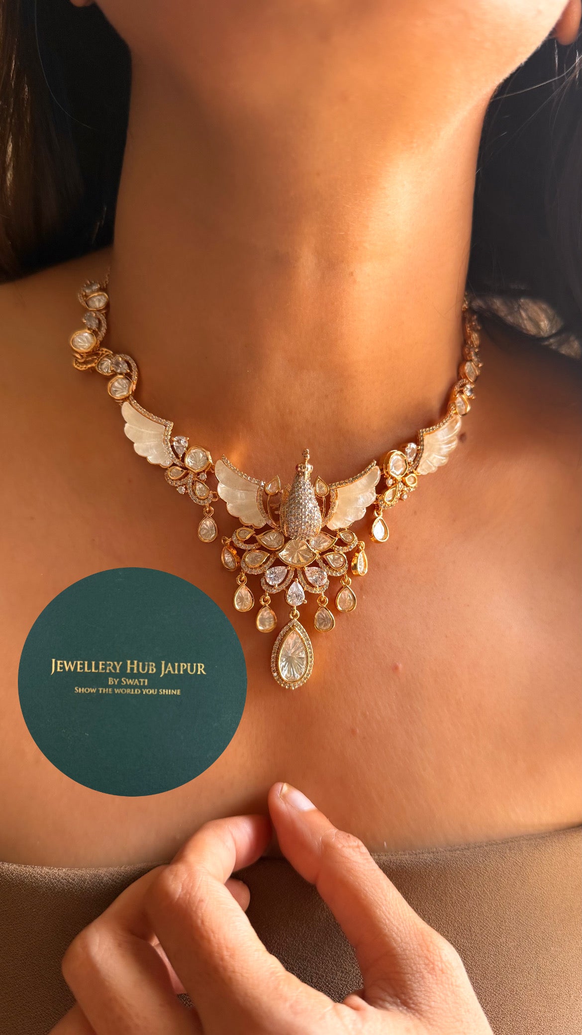 Moissanite peacock shaped design with feather design polki collar set