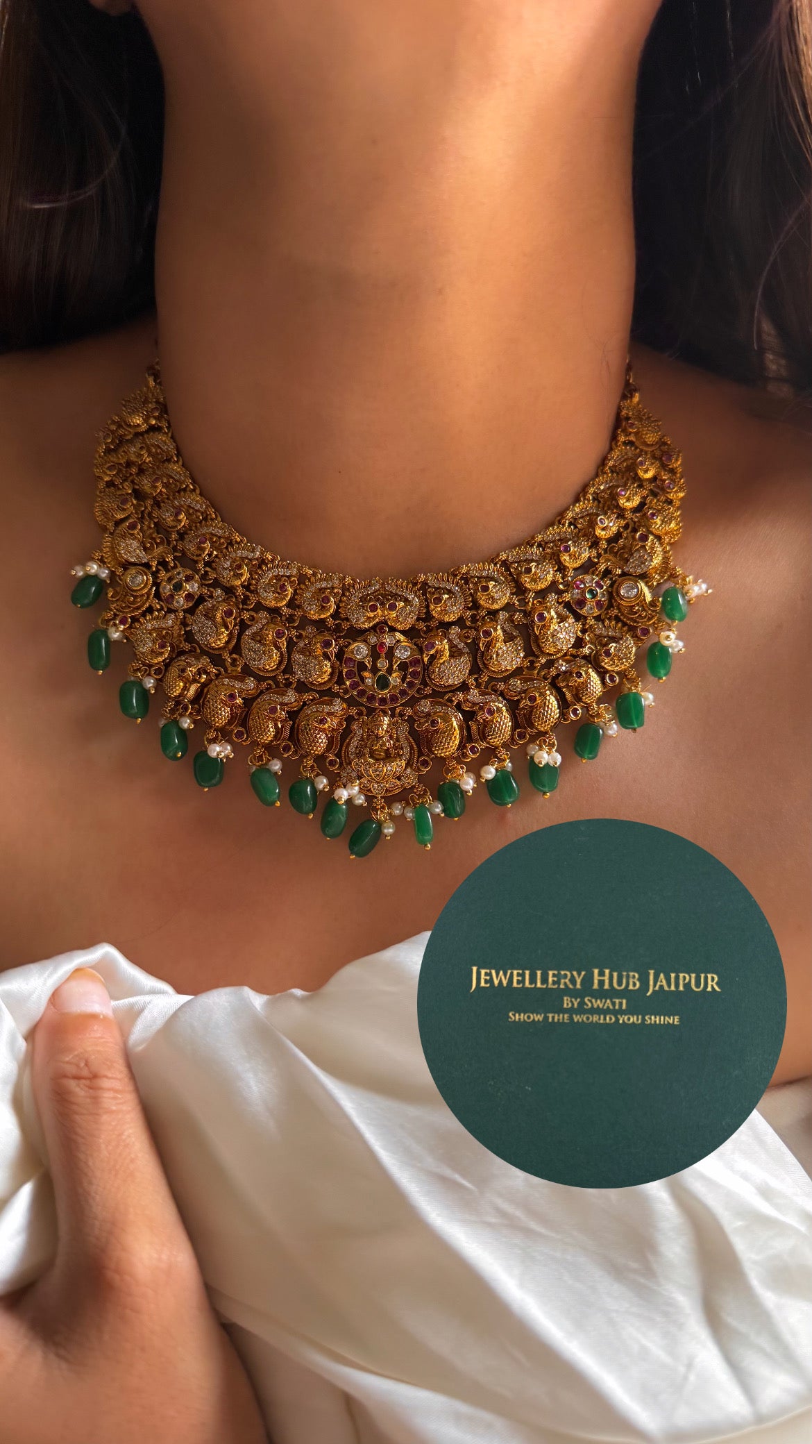 Goddess laxmi & rani pink with emerald drop temple collar set