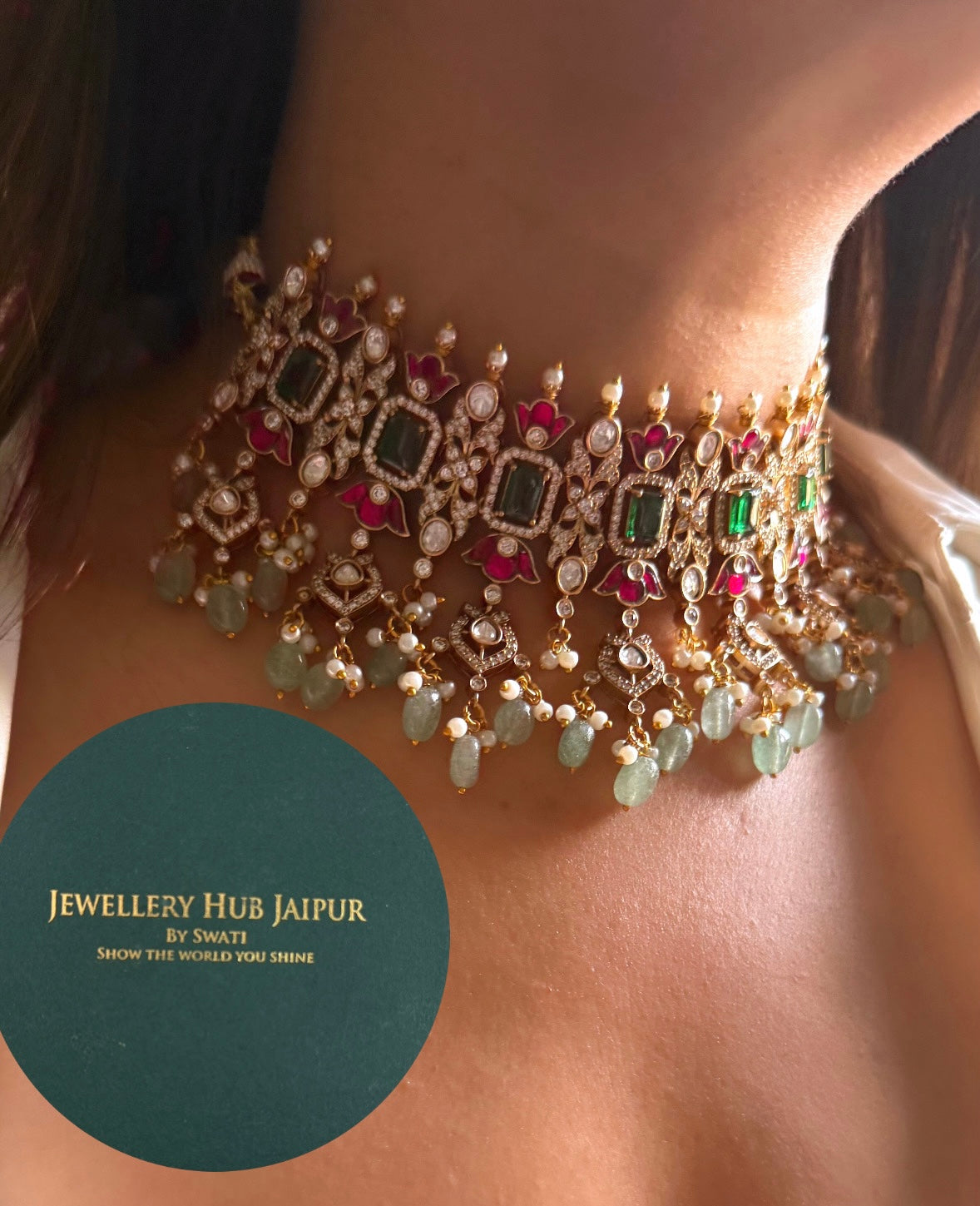 Mint & rani pink moissanite mint drop choker
