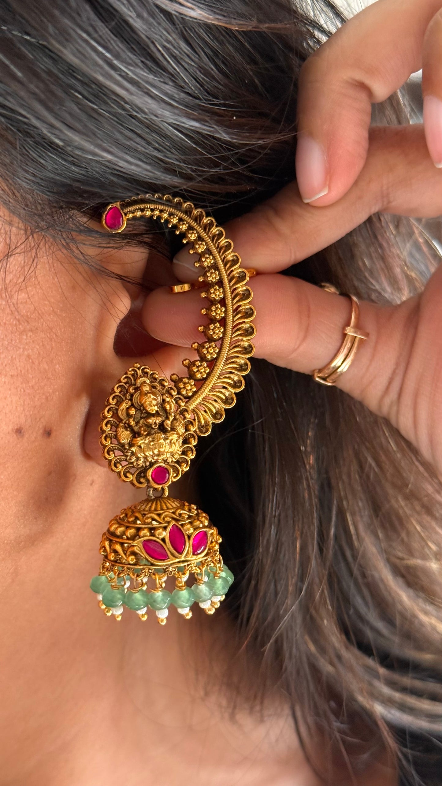 Goddess Laxmi Rani pink ear cuff temple Jhumka with mint drops