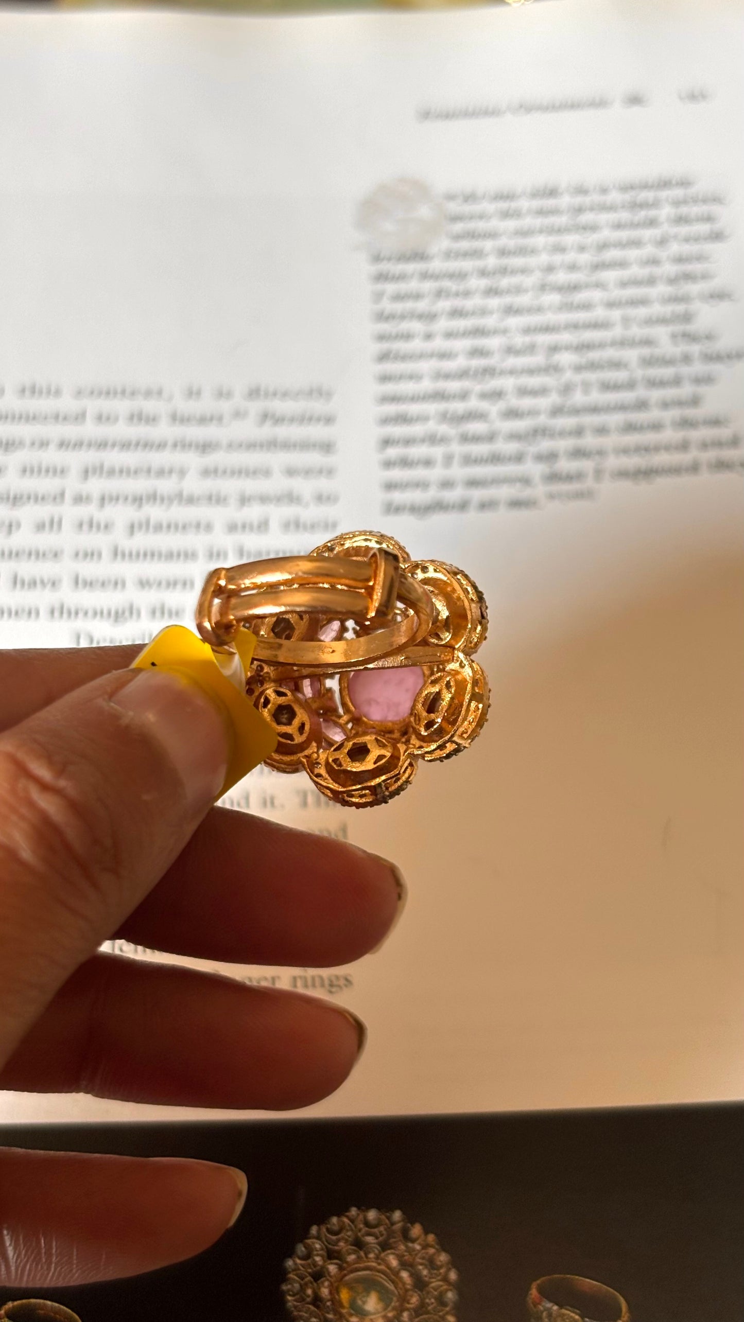 Rose quartz floral pattern Ring