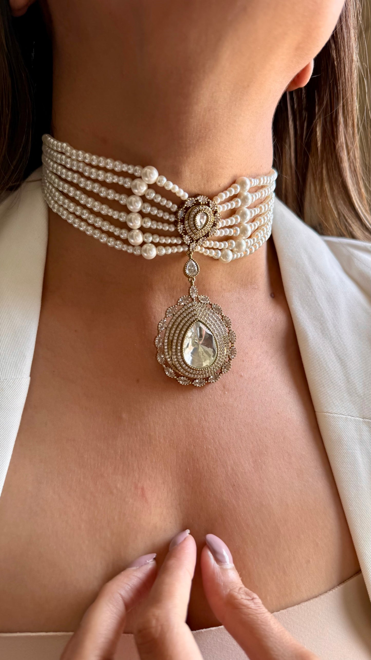 Moissanite polki drop pearl designer choker