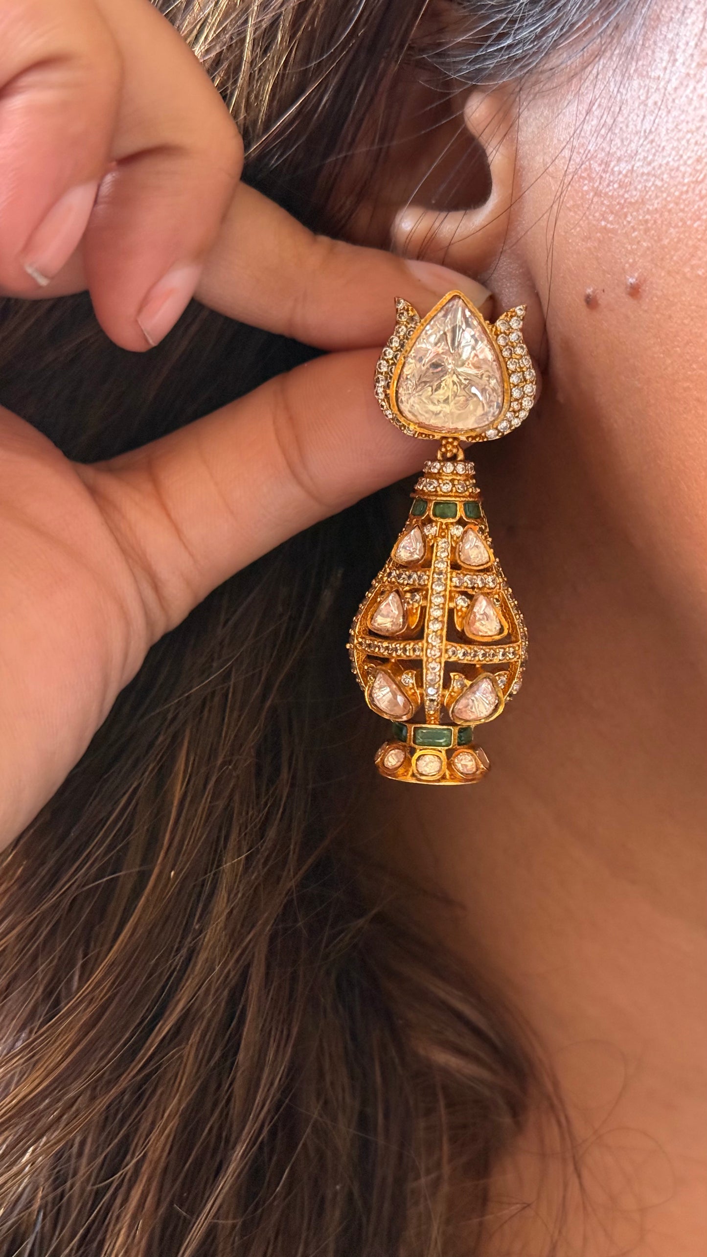 Lotus inspired real diamond Polki Kalash Earrings