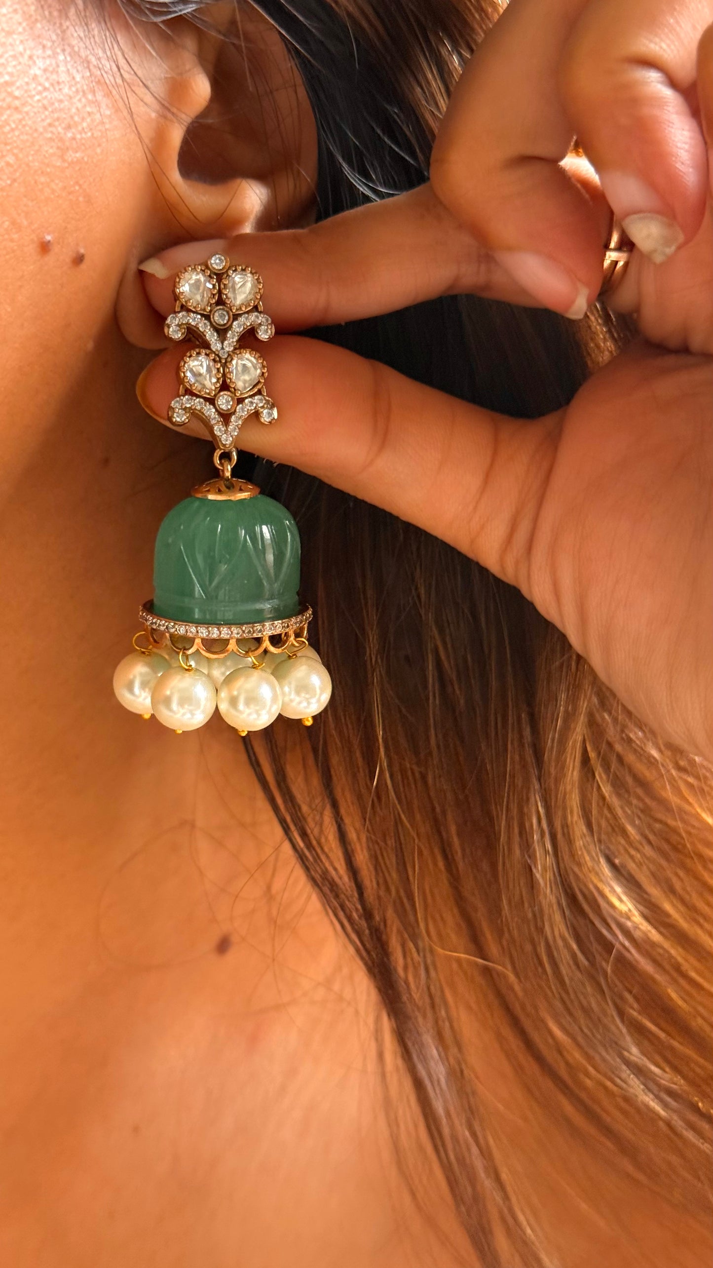 Panna mint carving moissanite jhumki