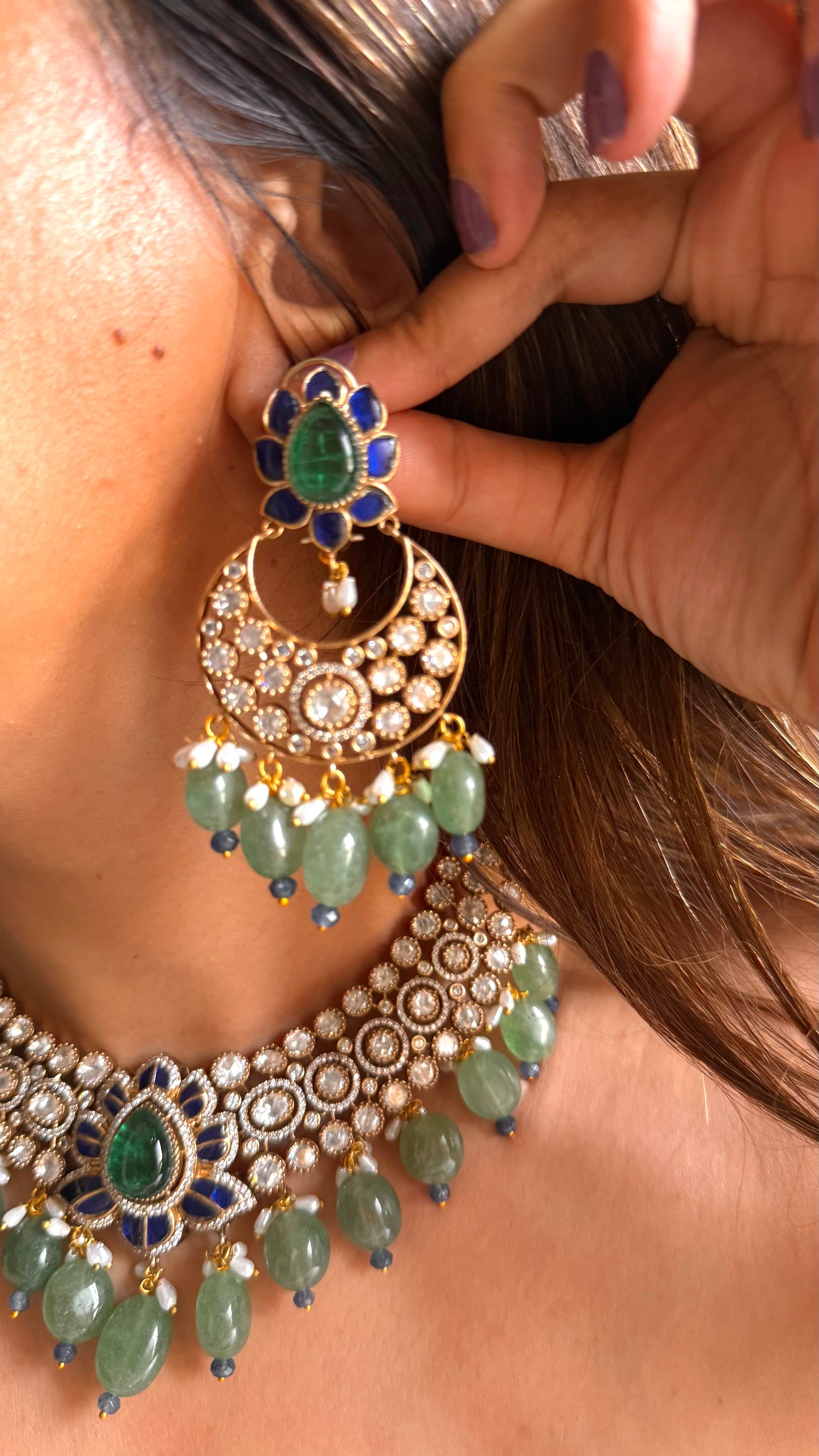Emerald doublet & sapphire katdana moissanite collar set