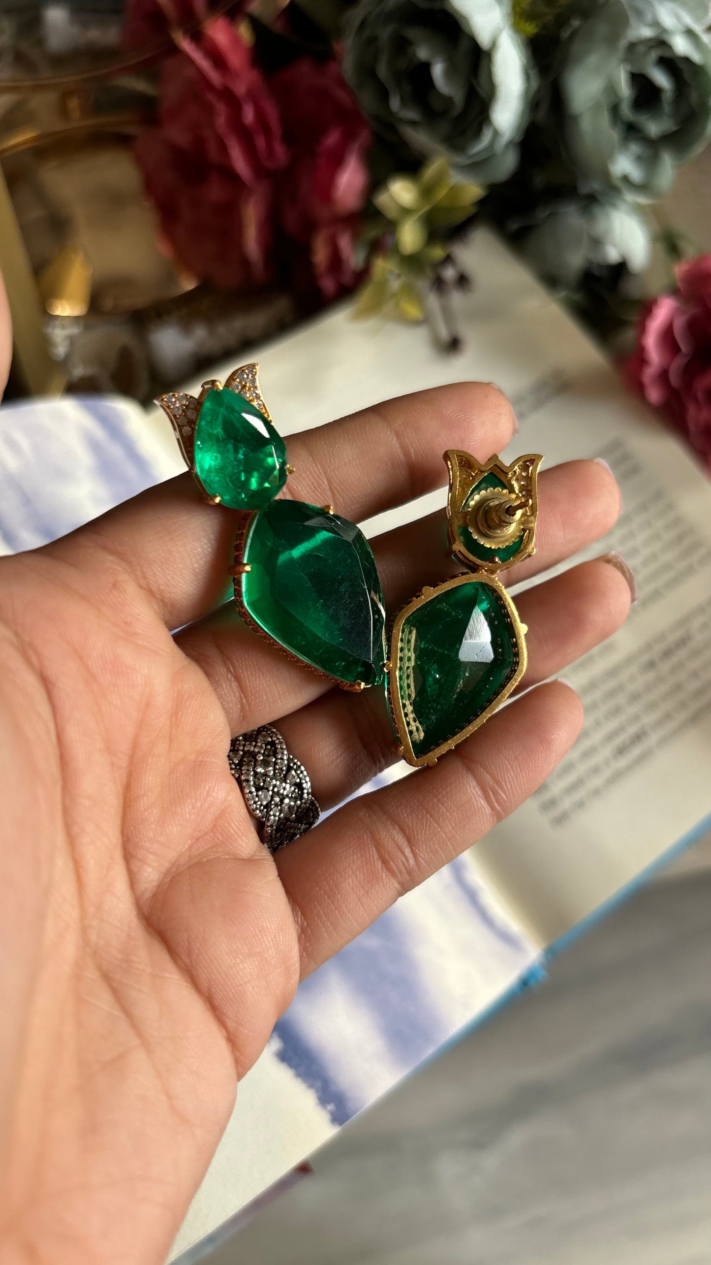Emerald doublet designer danglers with ruby lining
