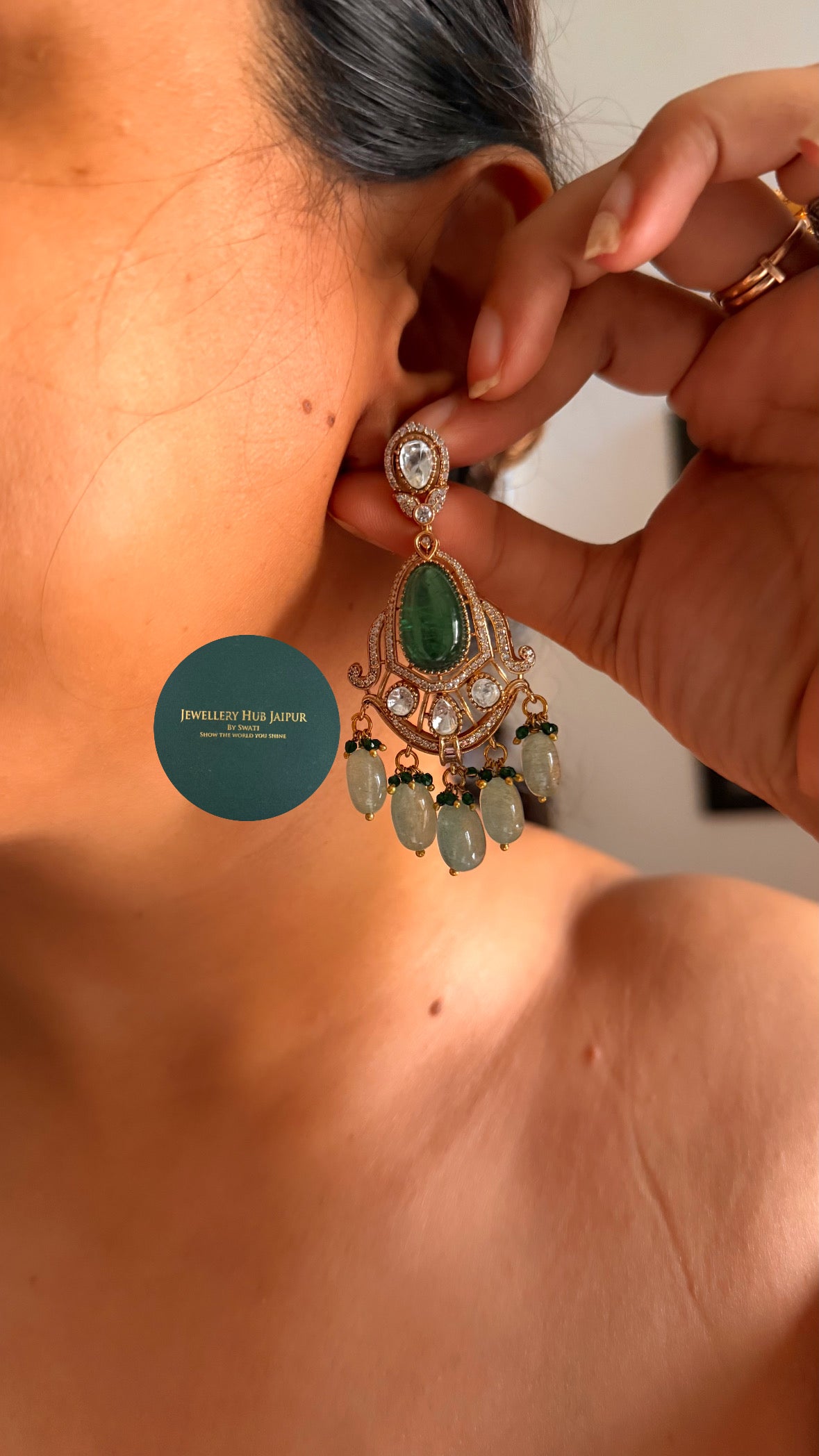Emerald doublet & rani pink moissanite uncut polki with mint drop collar set