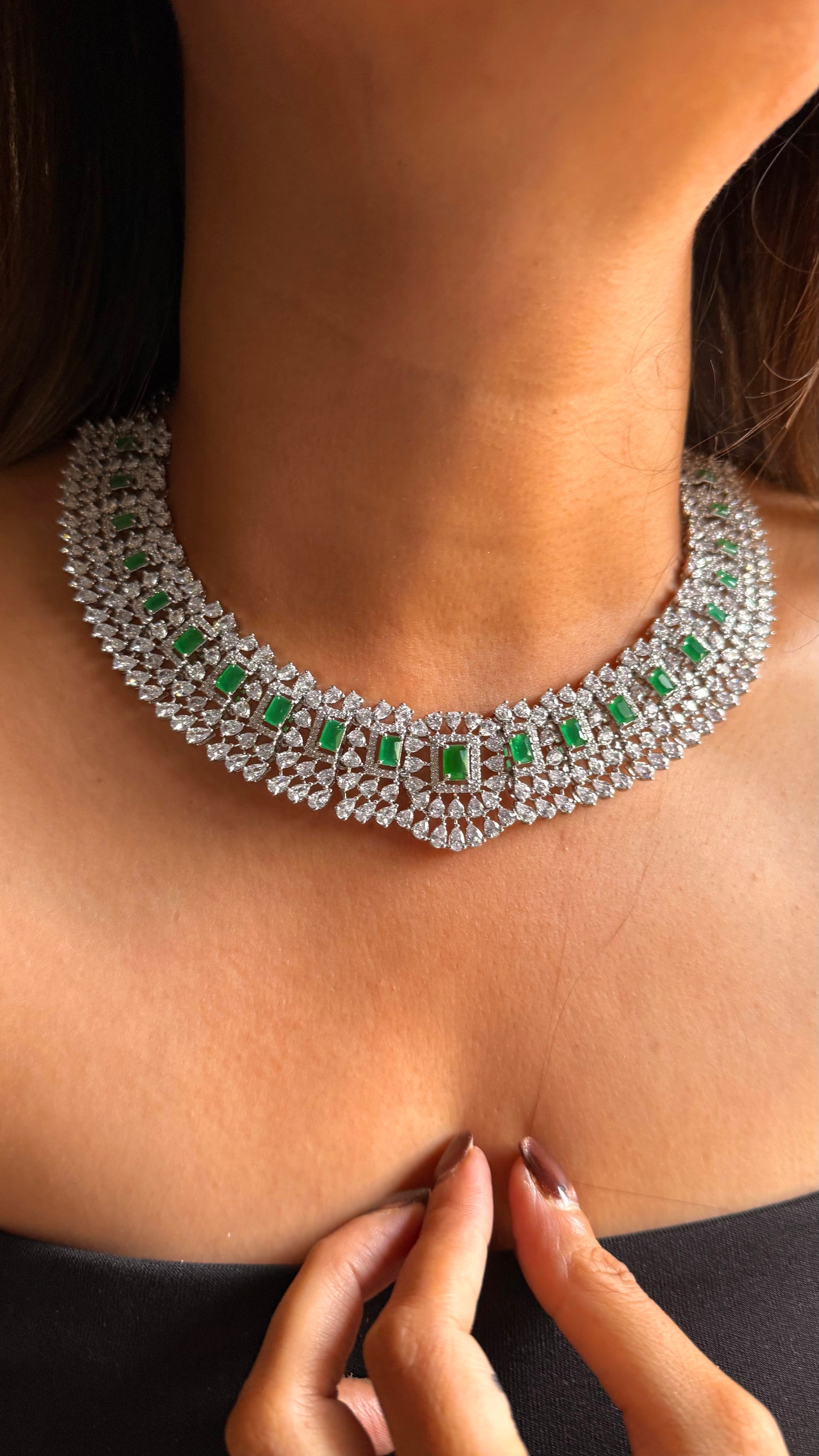Emerald doublet cz diamond necklace