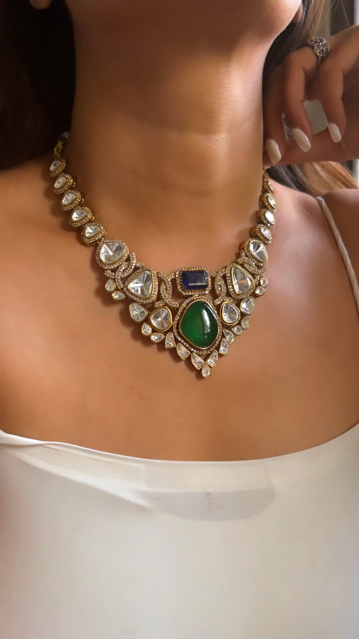 Moissanite sapphire & Emerald collar necklace