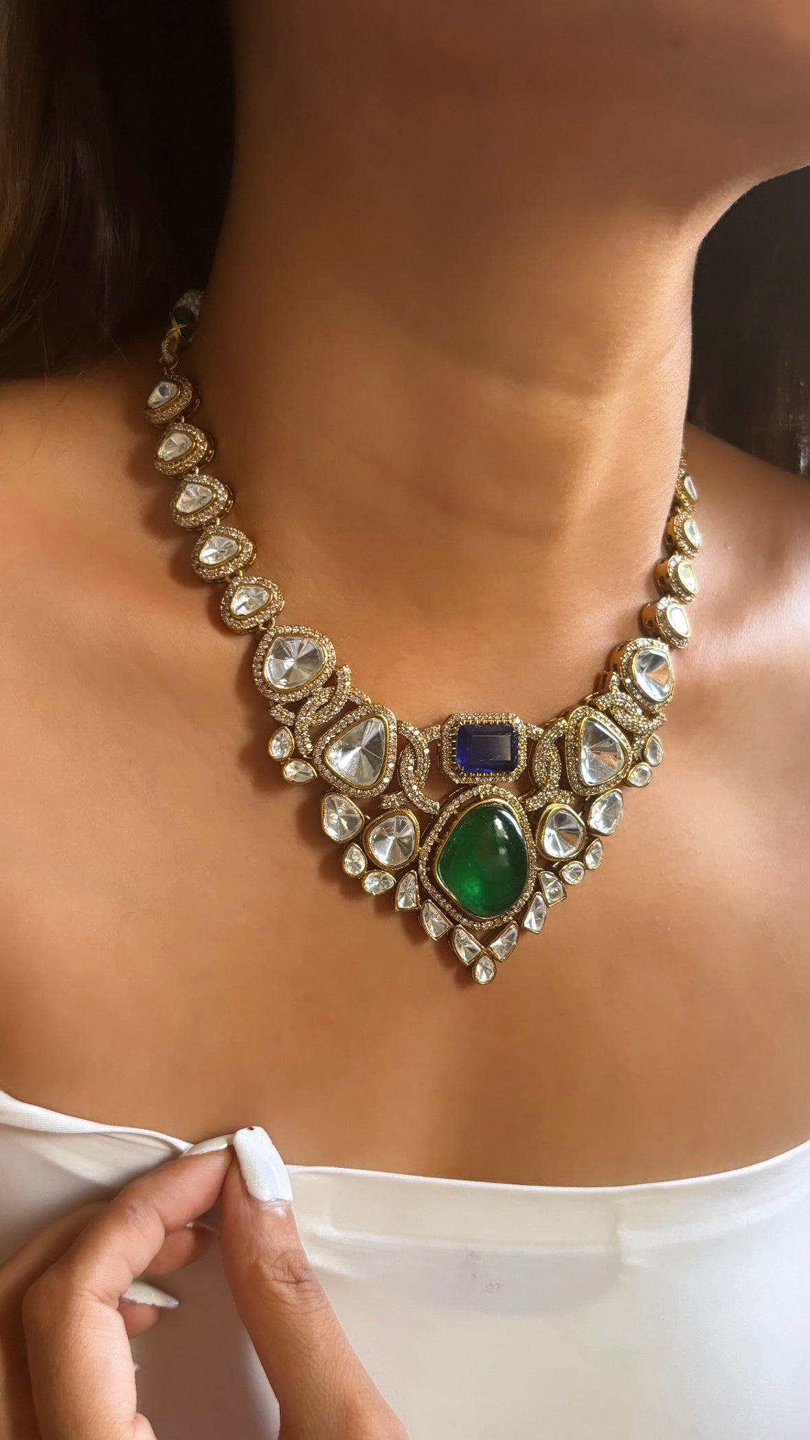 Moissanite sapphire & Emerald collar necklace