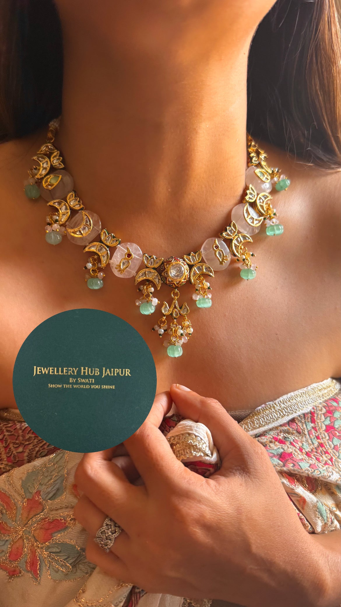 Rose quartz inlay work with mint drop & paachi collar set