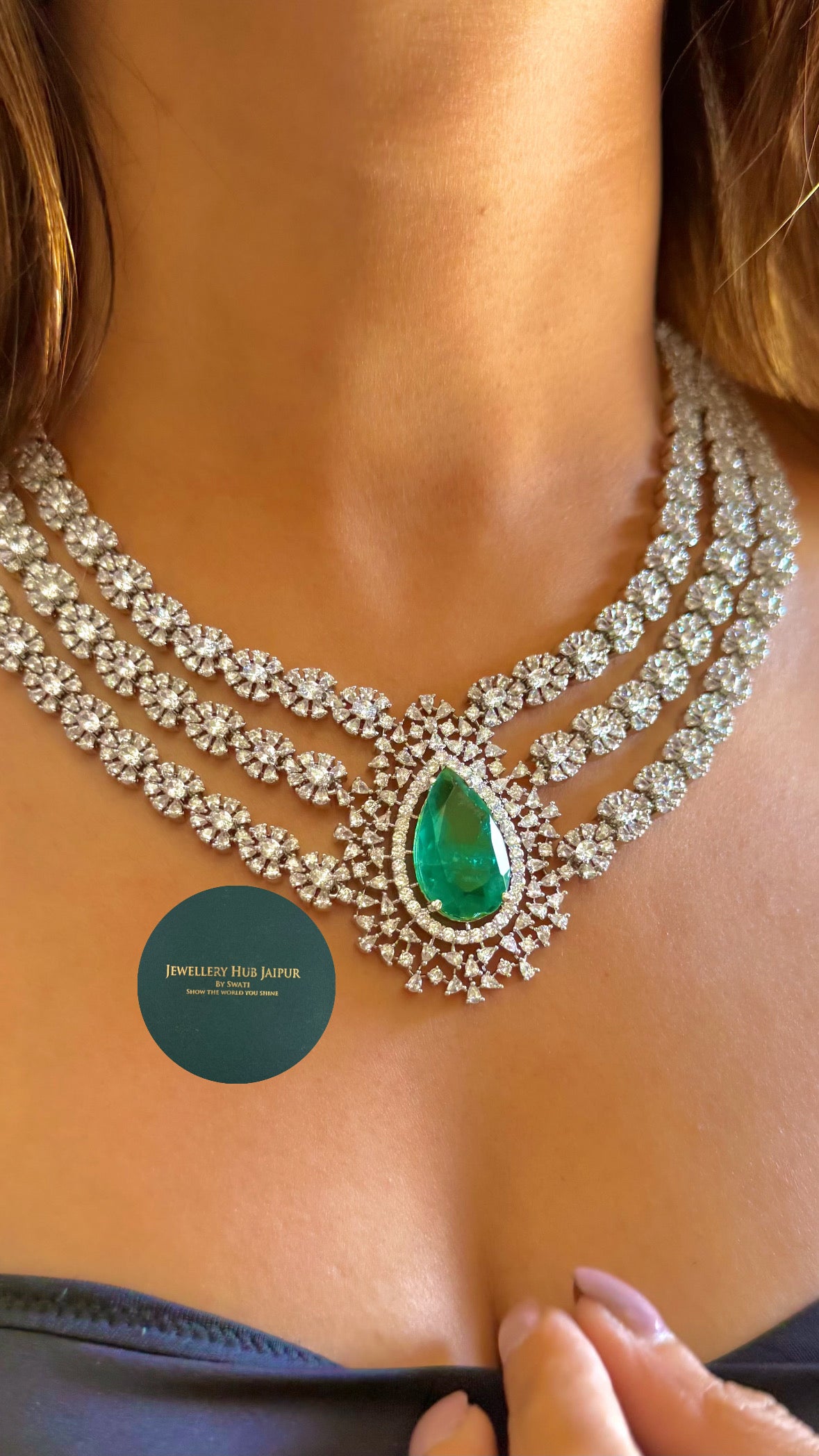 Emerald drop doublet triple layer diamond necklace