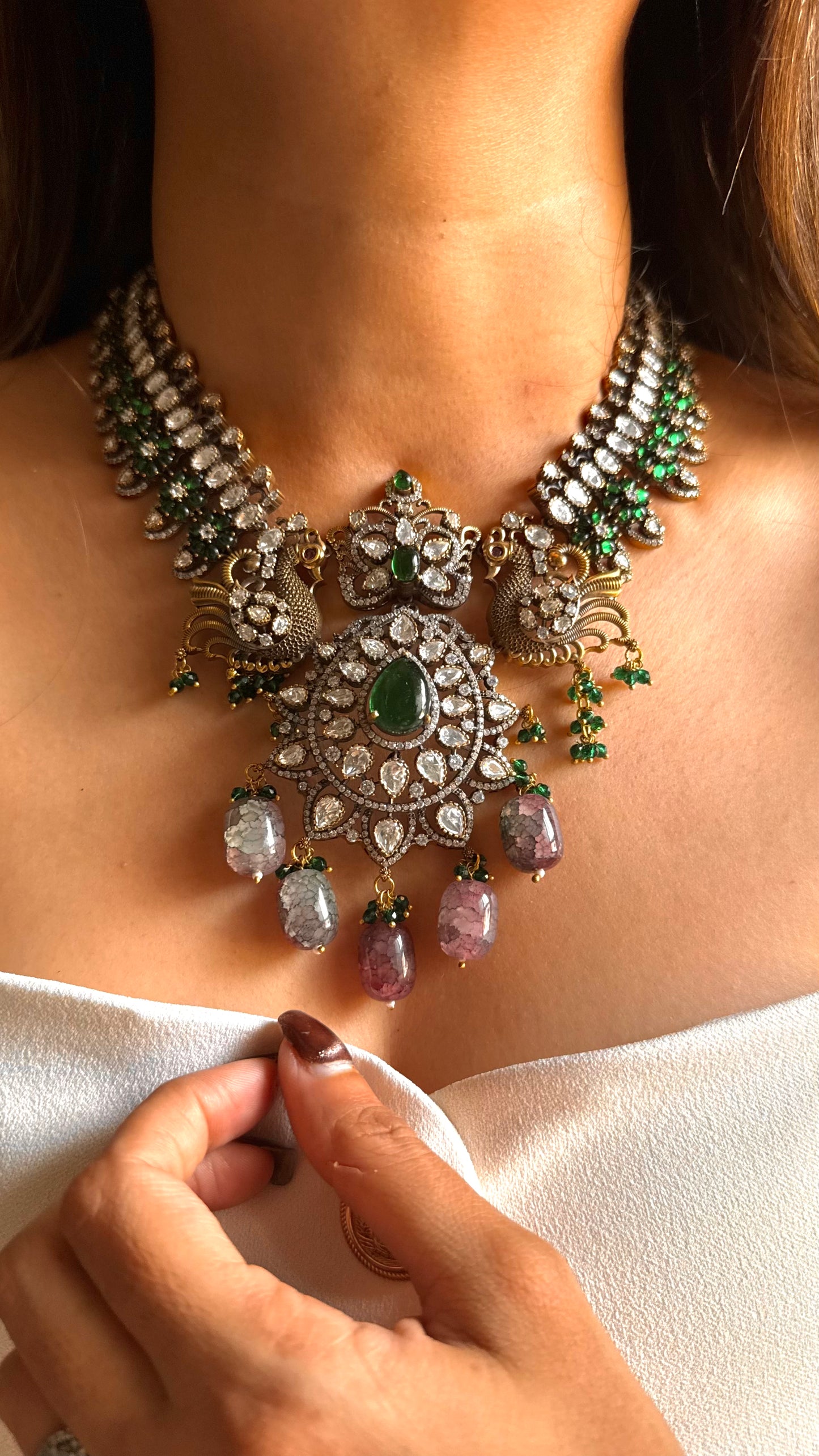 Munar-Emerald doublet Moissanite uncut victorian mid length set
