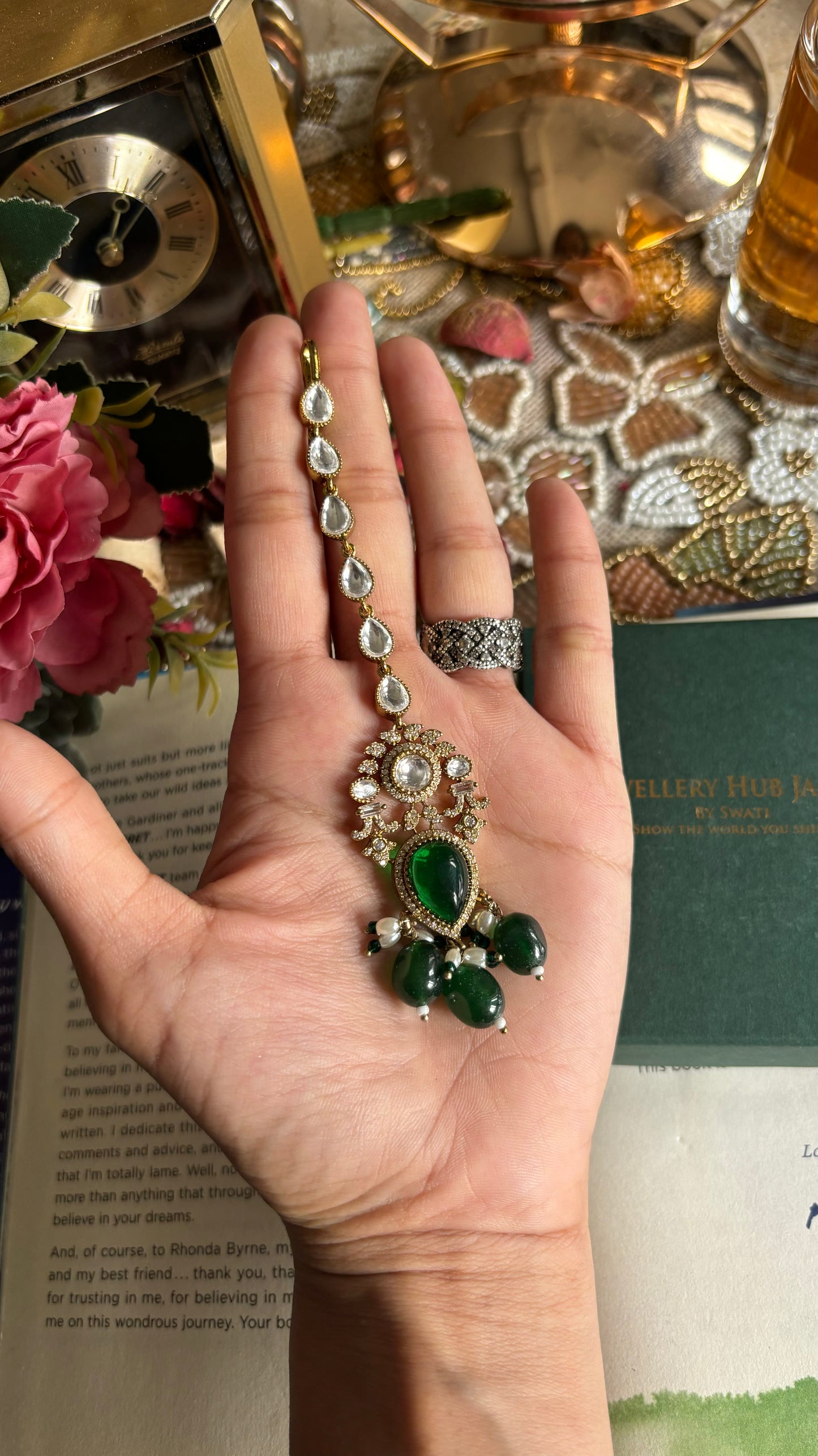 Invert drop emerald polki maangtika