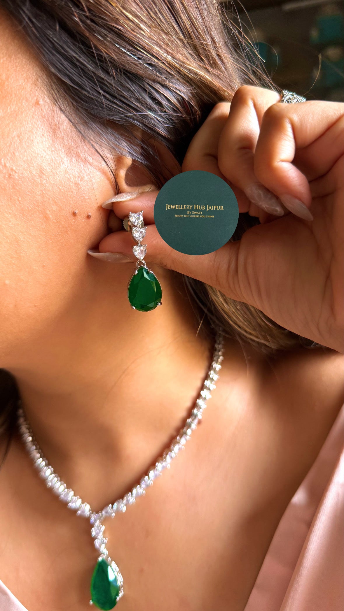 Emerald doublet drop cocktail cz diamond minimal set
