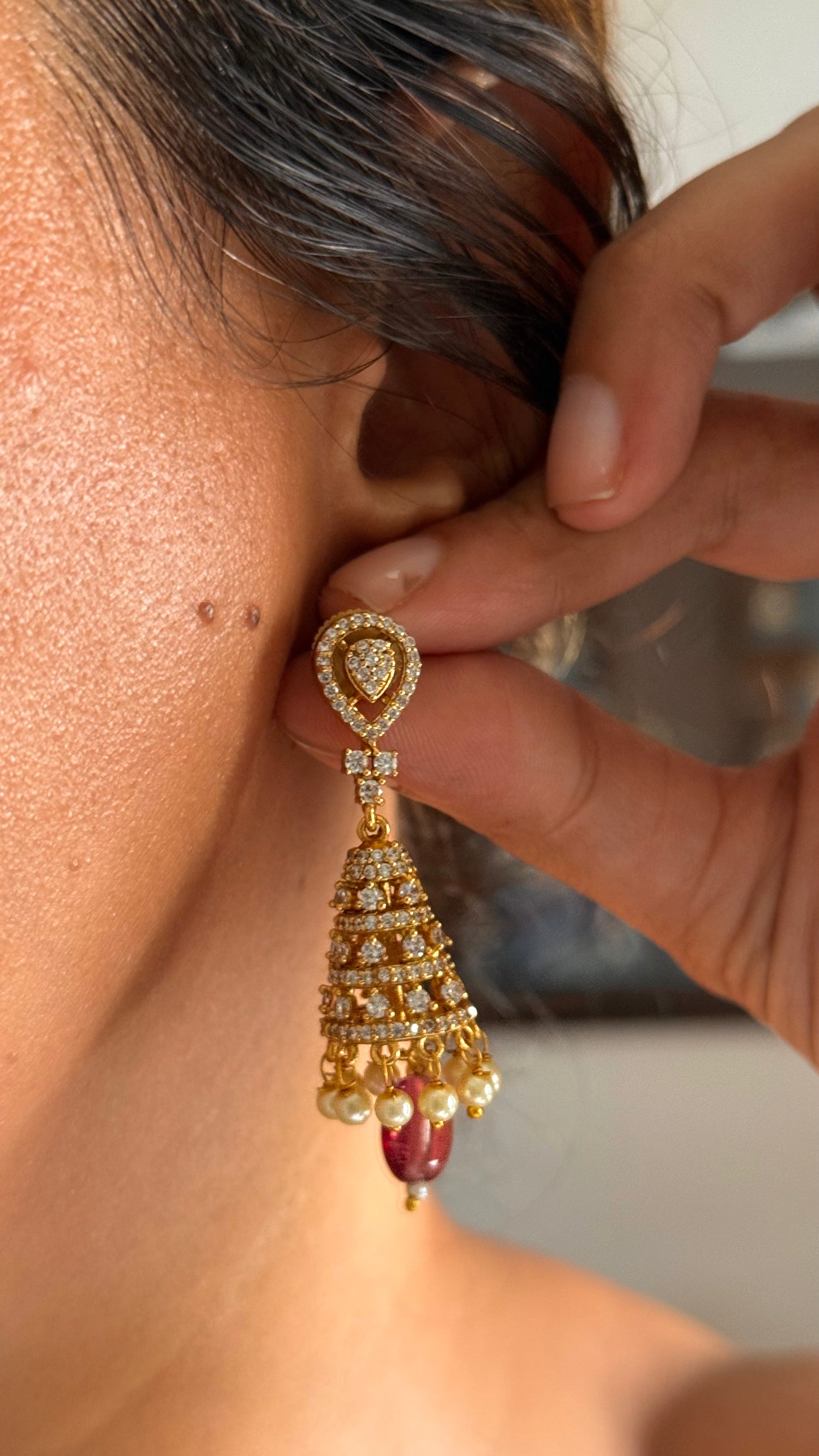 Designer jhumki pendant with rani pink ruby pearl detailing choker