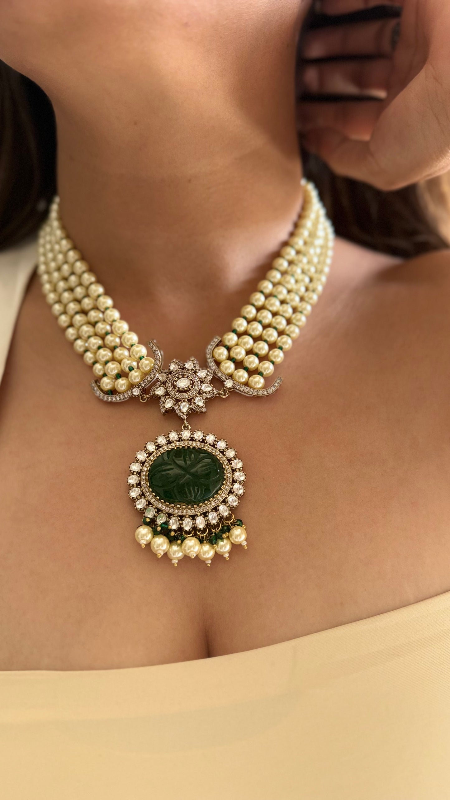 Panna- Emerald doublet pearl moissanite mid length necklace