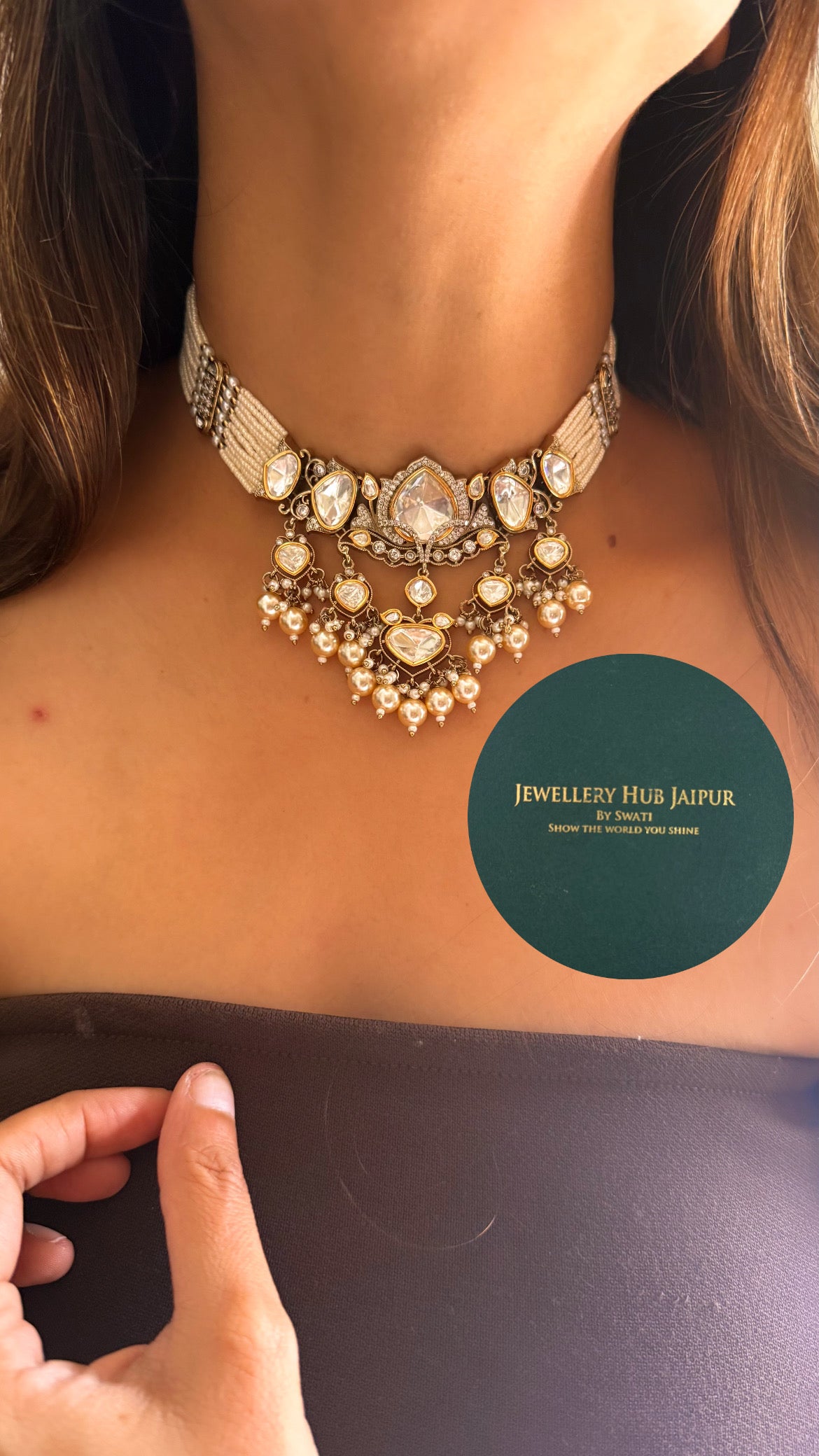 Moissanite polki with pearl drops rajwada choker set