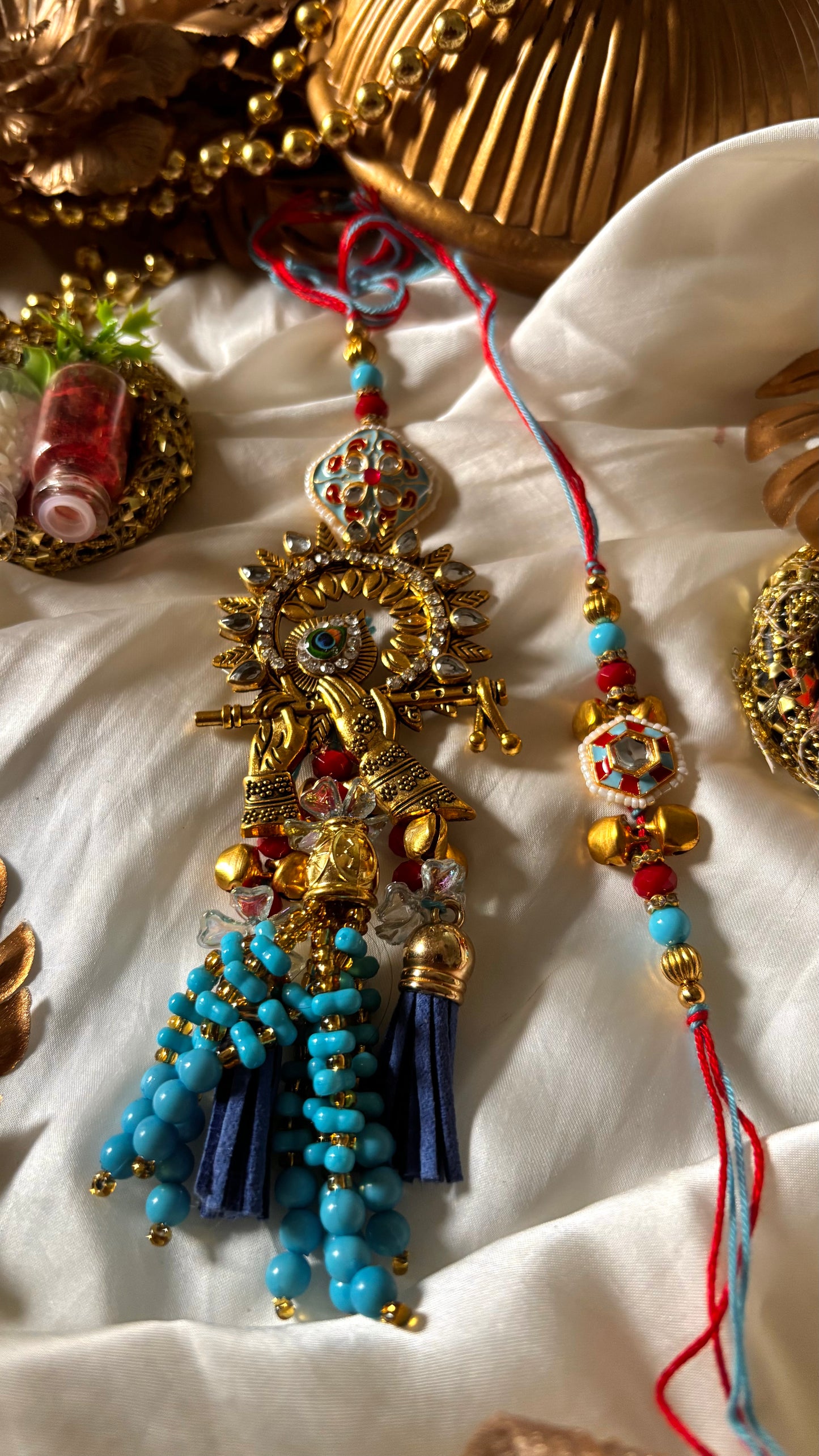Lord Krishna bansuri meenakari firoza bhaiya bhabi rakhi ( shipping will be extra )