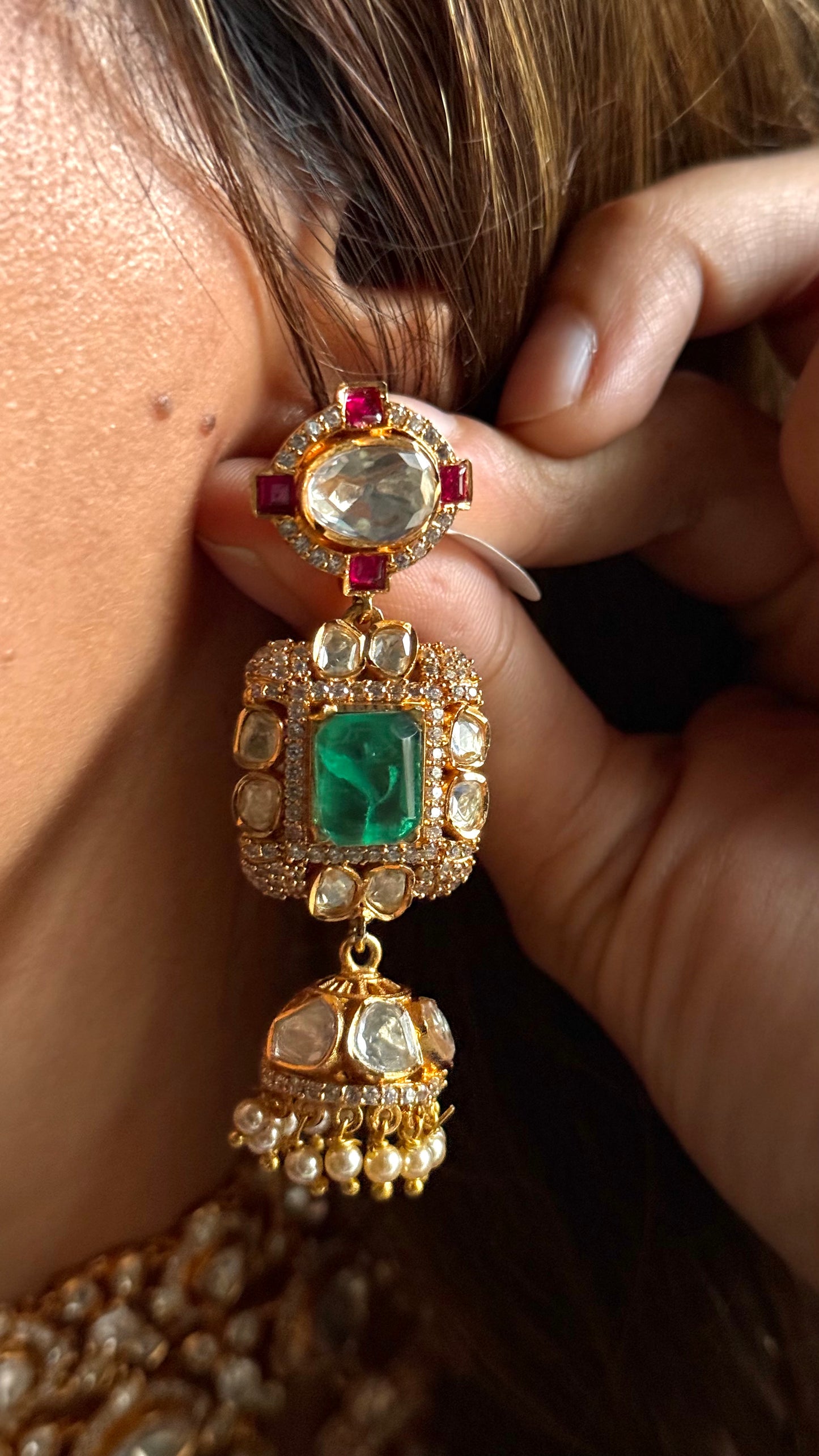 Real moissanite uncut polki emerald doublet Necklace