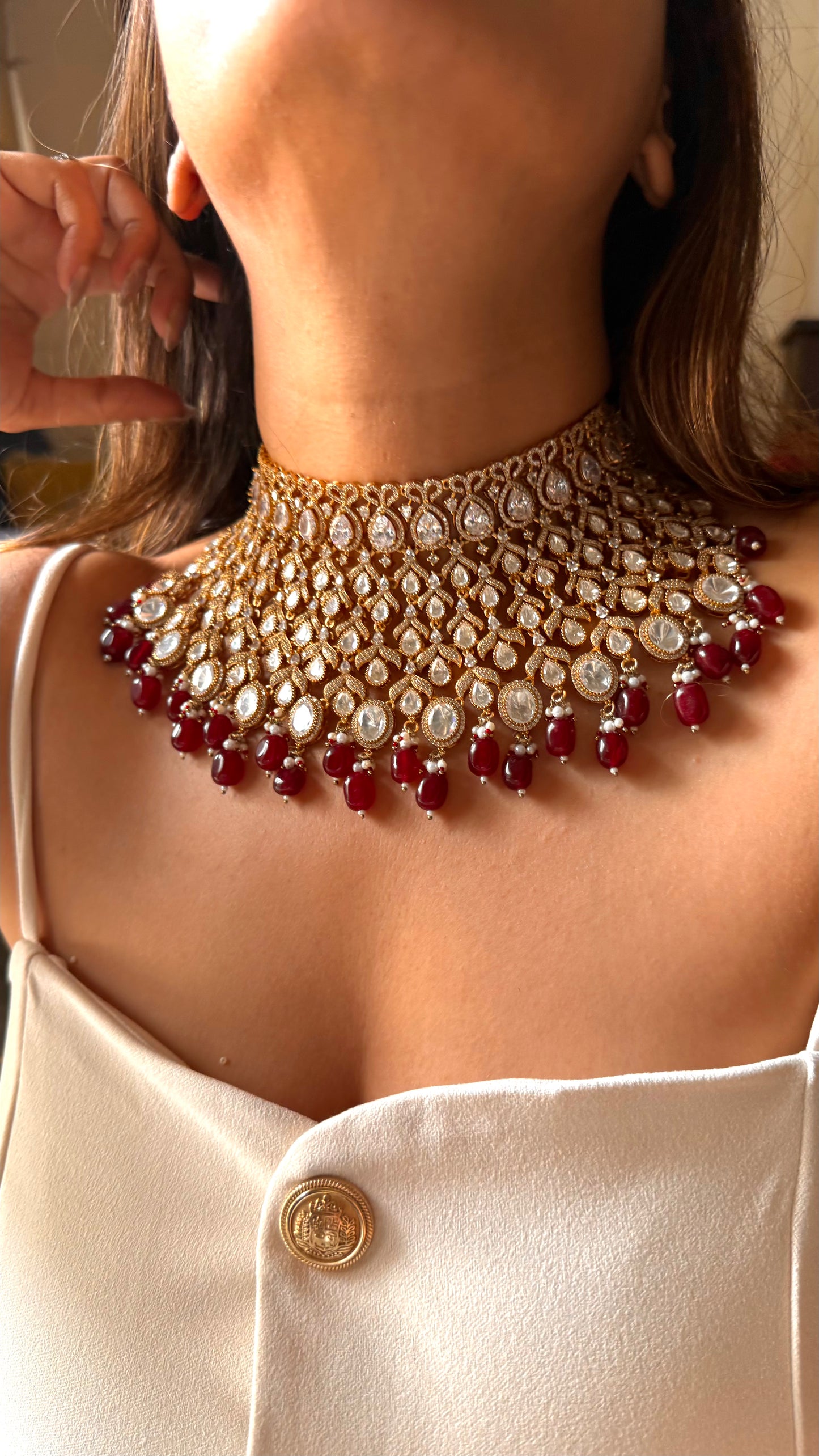 Chetna Moissanite polki bridal choker with ruby drops