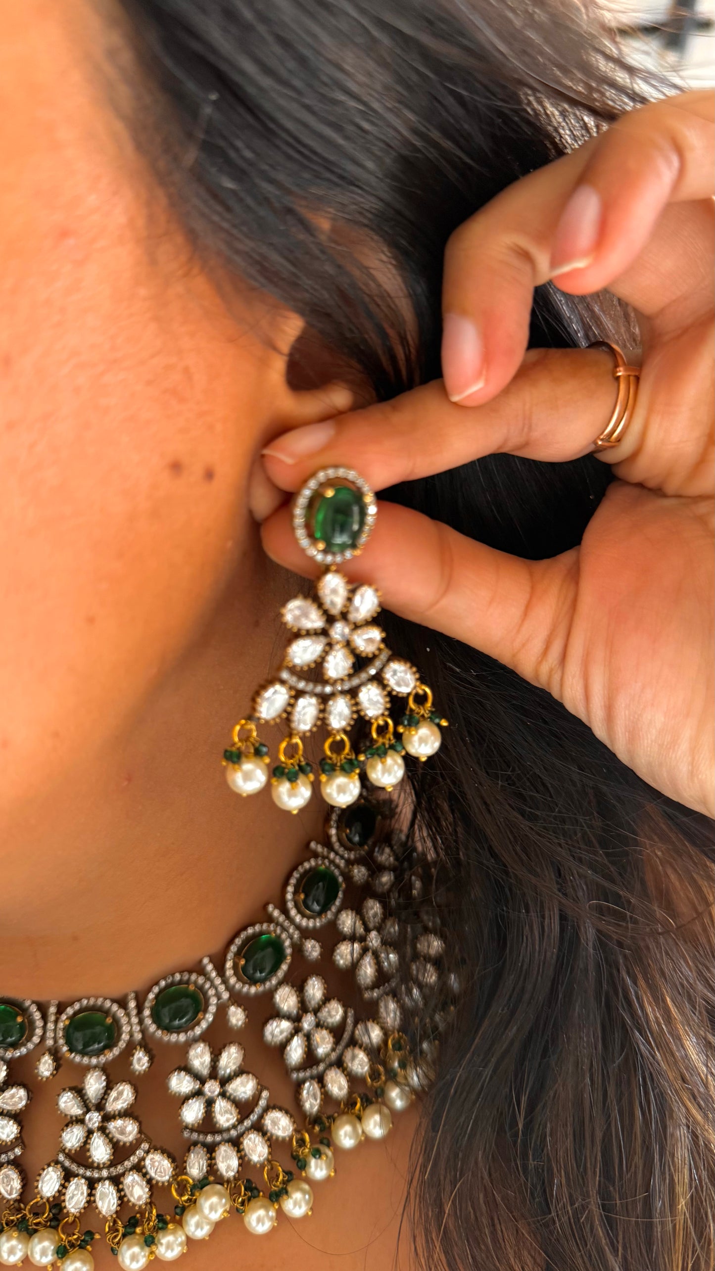 Emerald floral Victorian moissanite necklace set