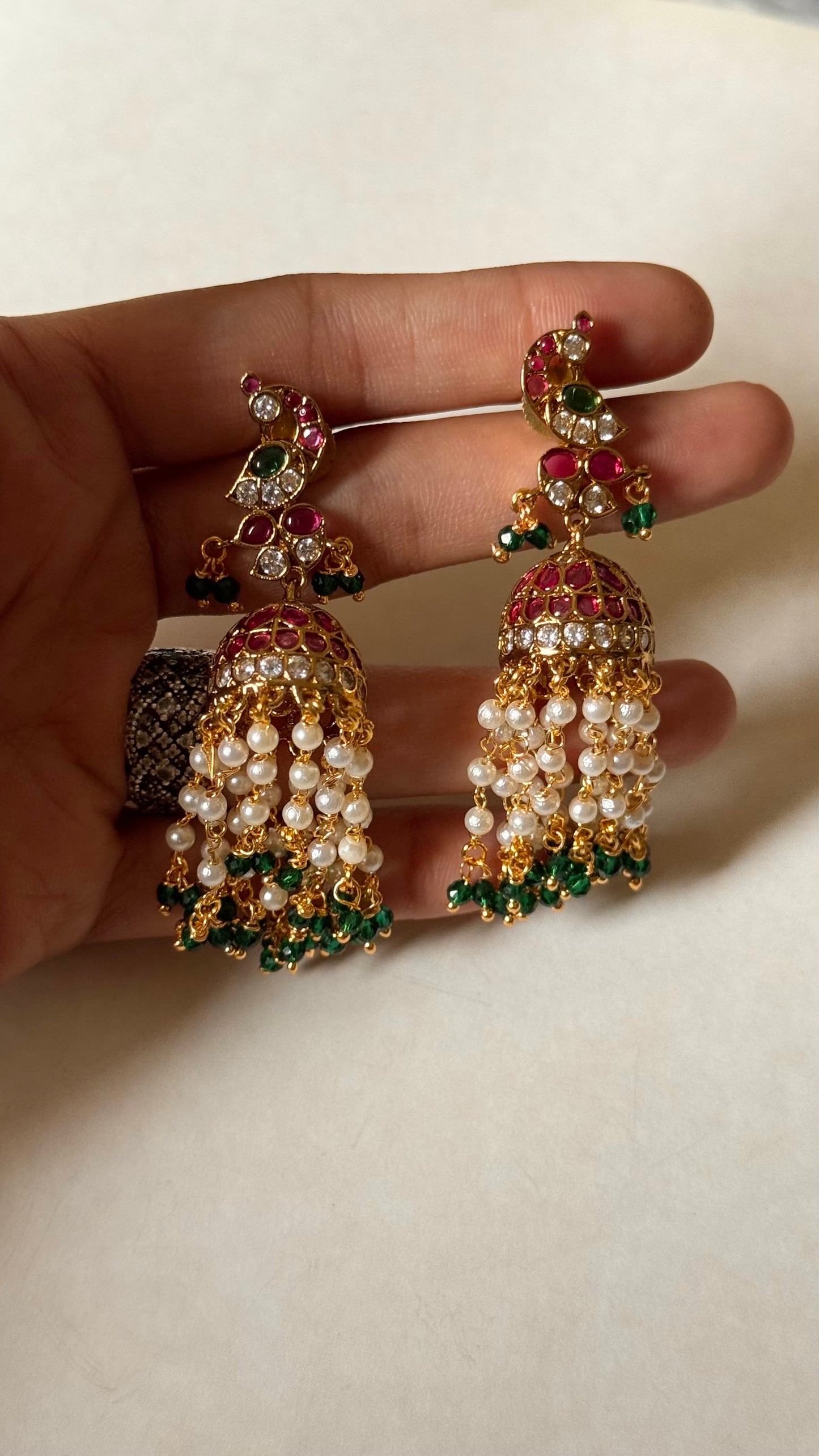 Rani pink & emerald peacock design with pearl drop jhumke