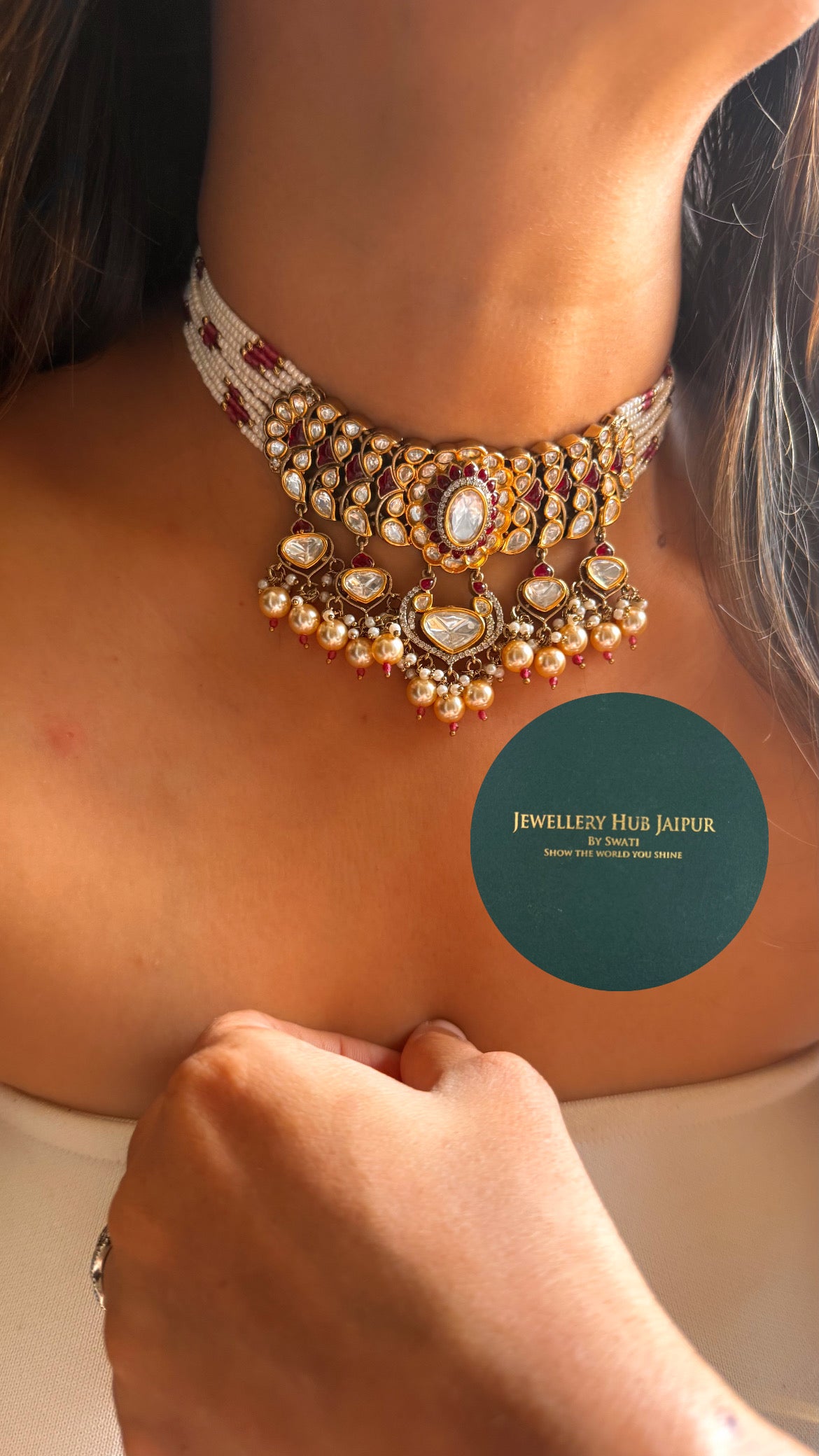 Rani pink moissanite polki with pearl drop rajwada choker set