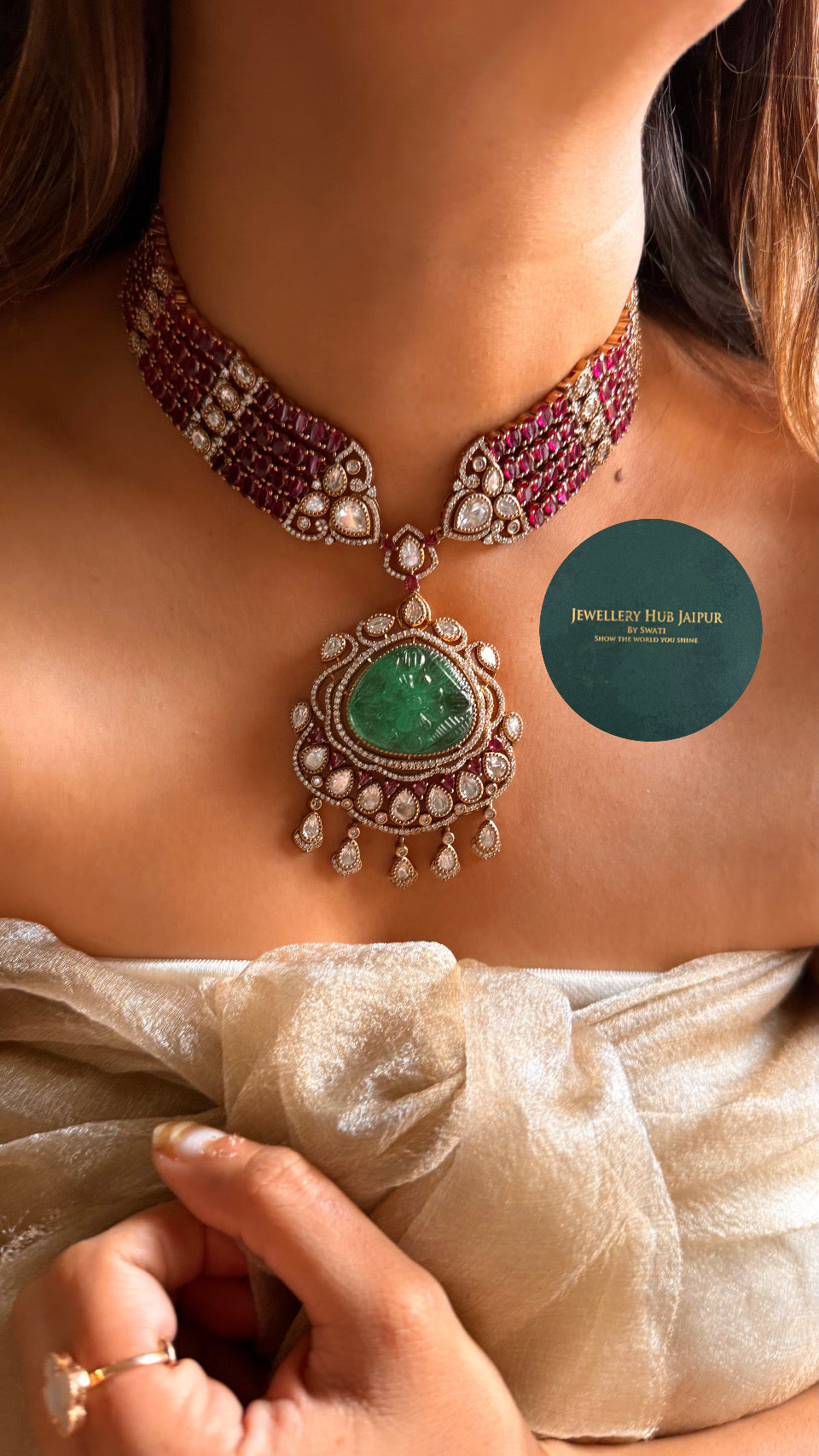 Ruby & panna moissanite designer collar necklace