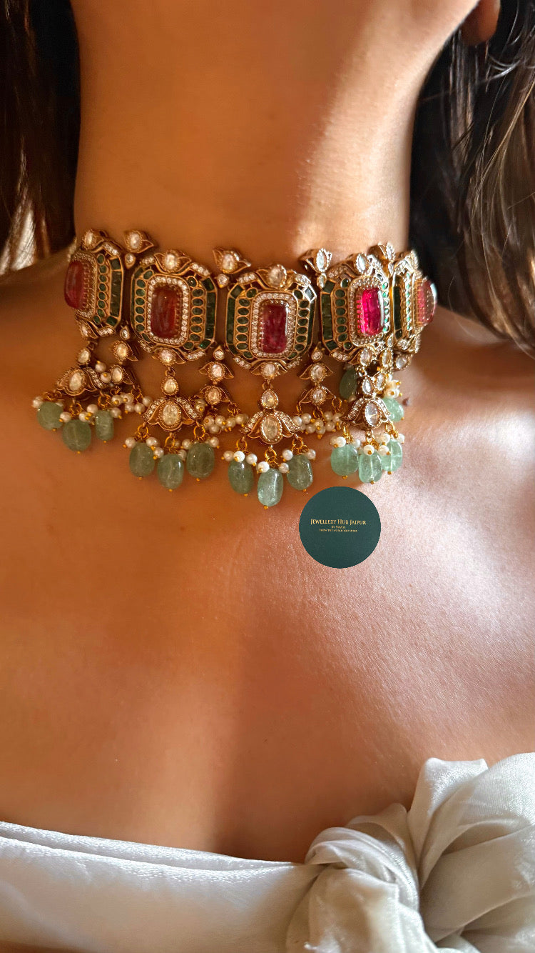Ruby doublet & emerald polki with mint drops choker set