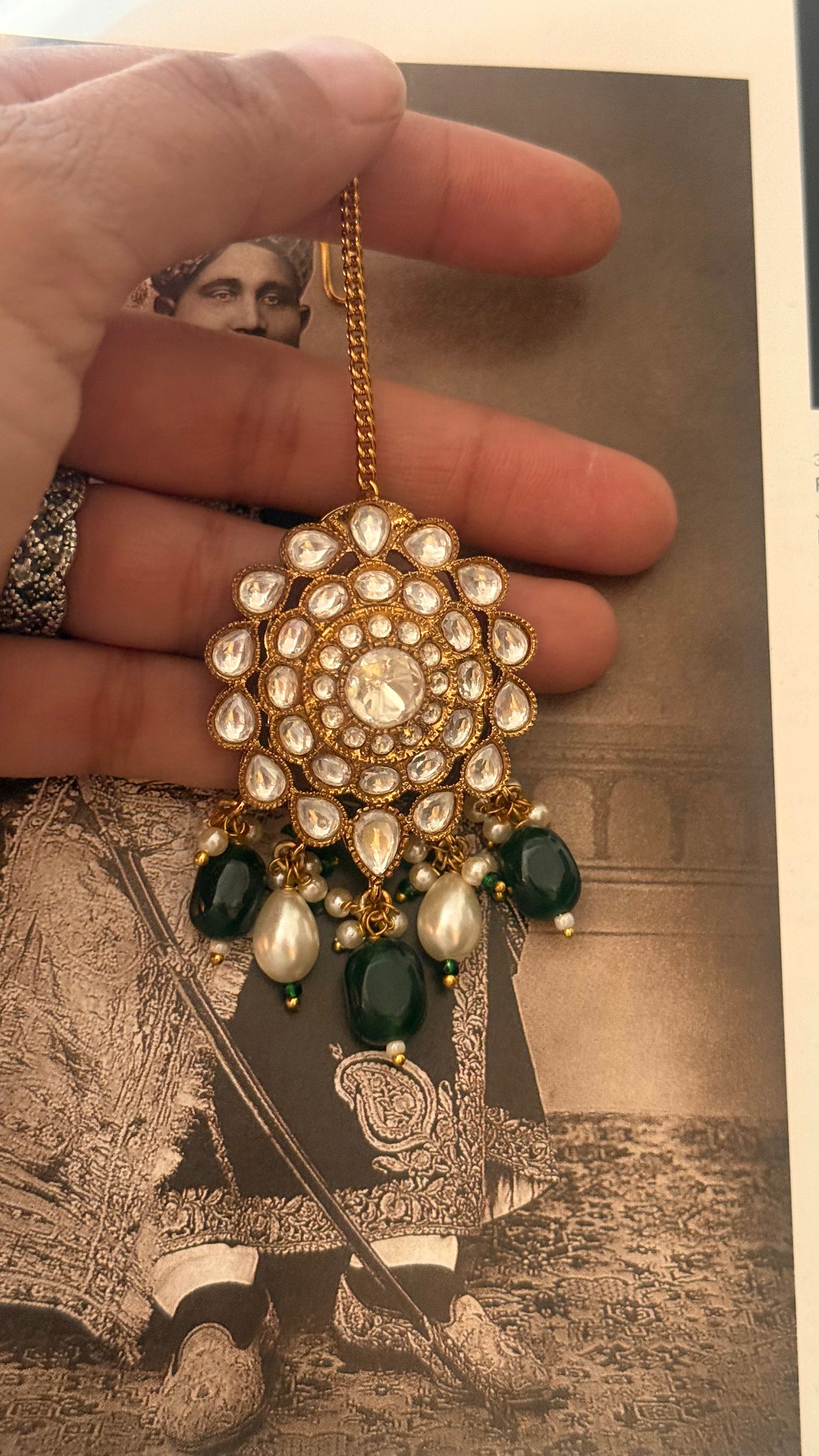 Polki maangtika with emerald drops
