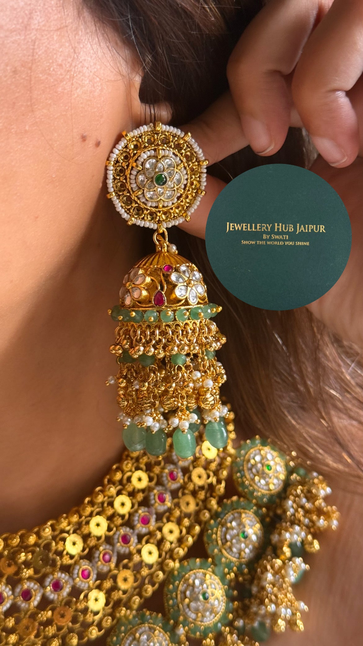 Handmade Heritage Polki Rani pink & mint with jhumka & mint drop heritage rajwada bridal set