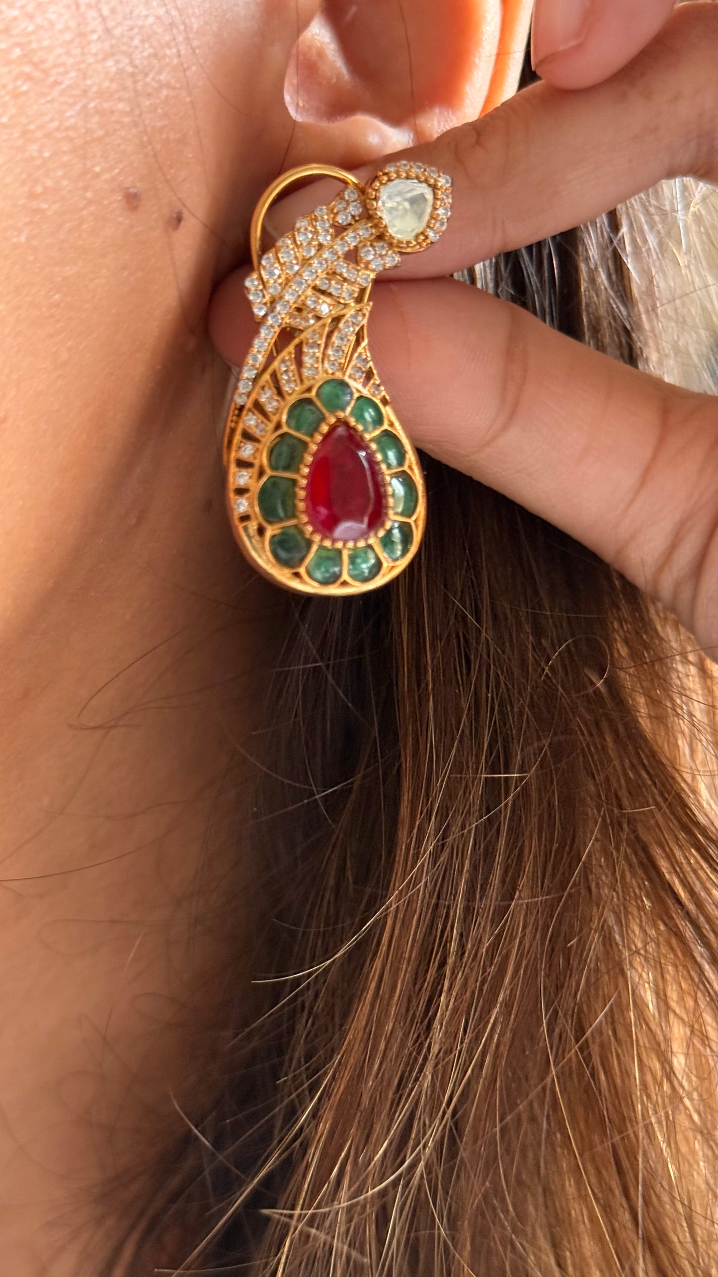 Ruby & Emerald inverted leaf danglers with back clip