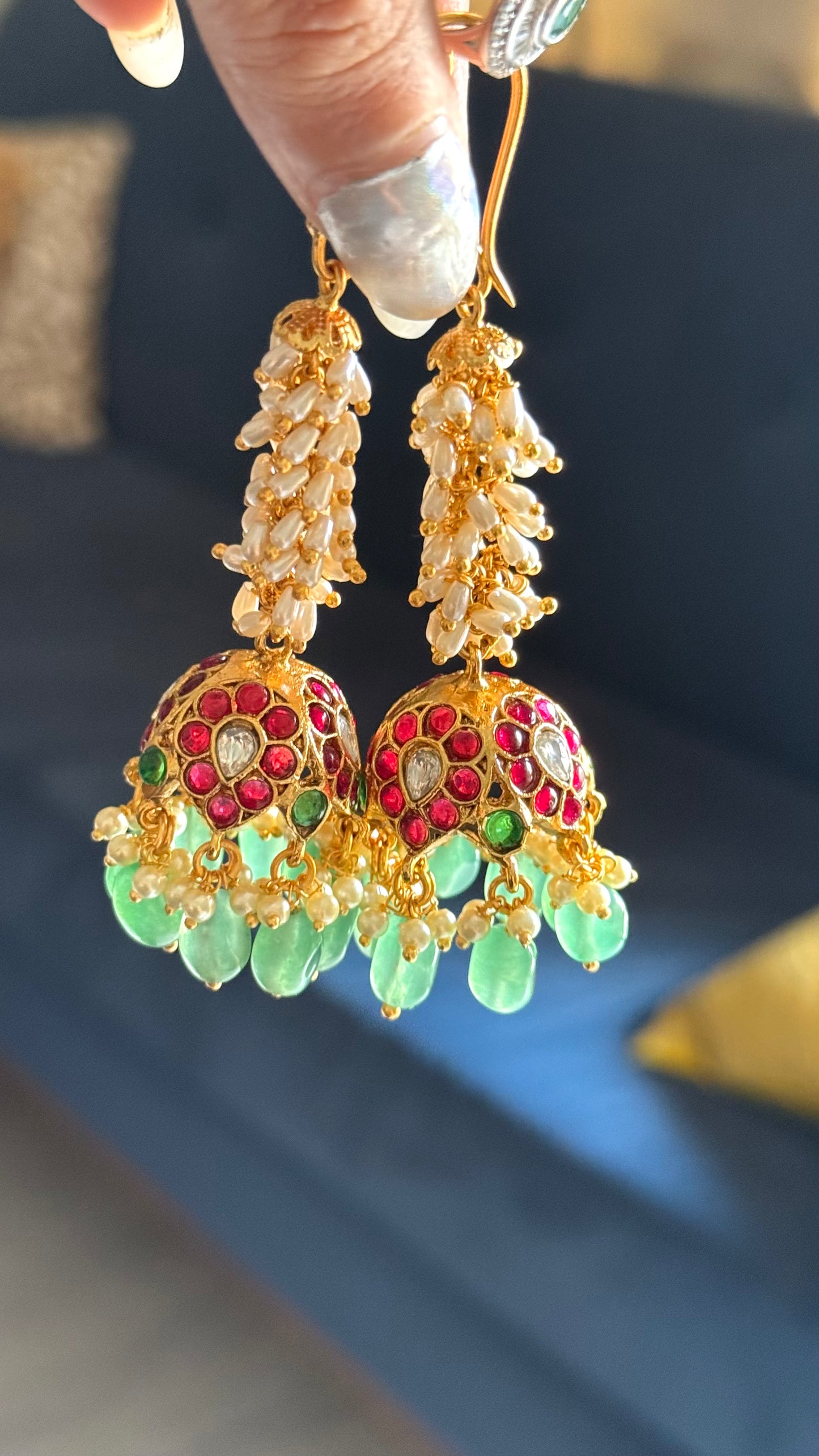 Rajwada ruby & emerald with white gajra earrings