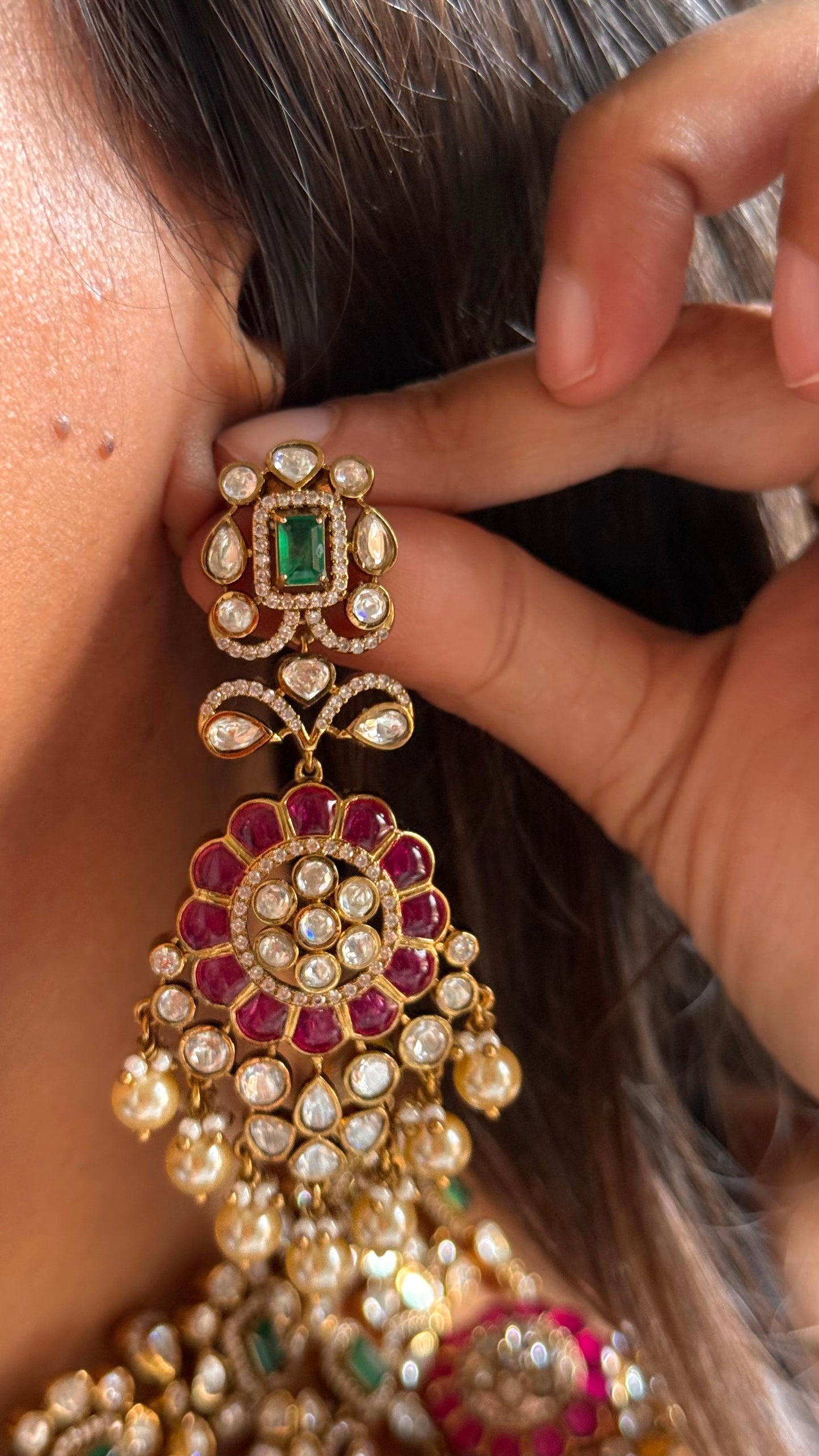 Rani pink with emerald doublets pearl drop necklace