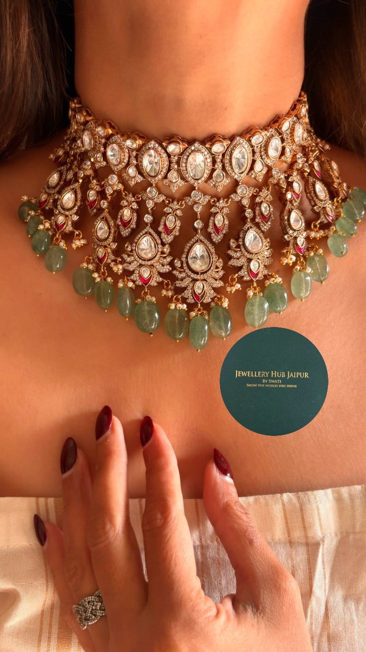 Bridal asia mint and rani pink necklace in moissanite polki