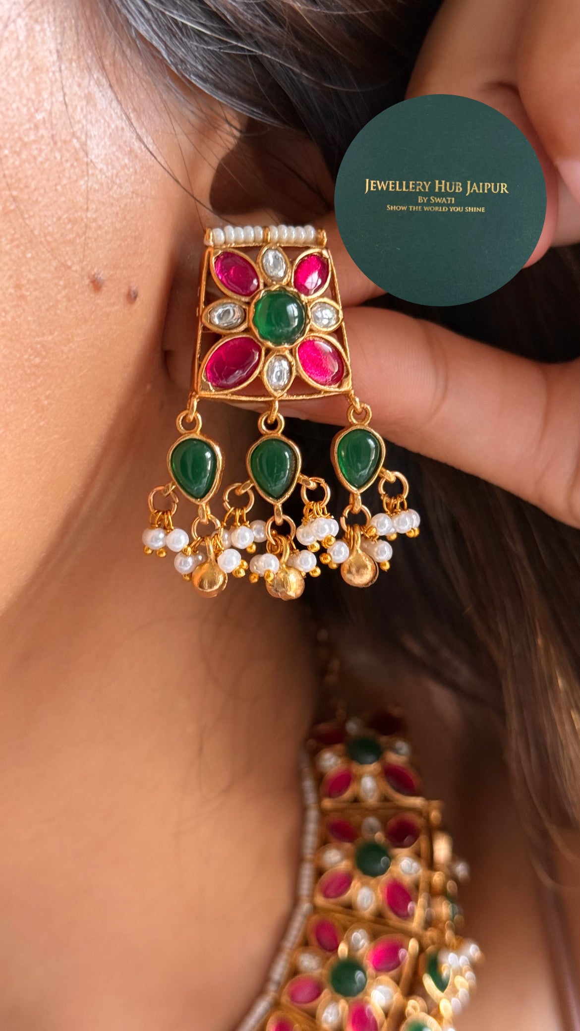 Amrapali inspired Natural stone Rani pink & emerald rajwada aad style set