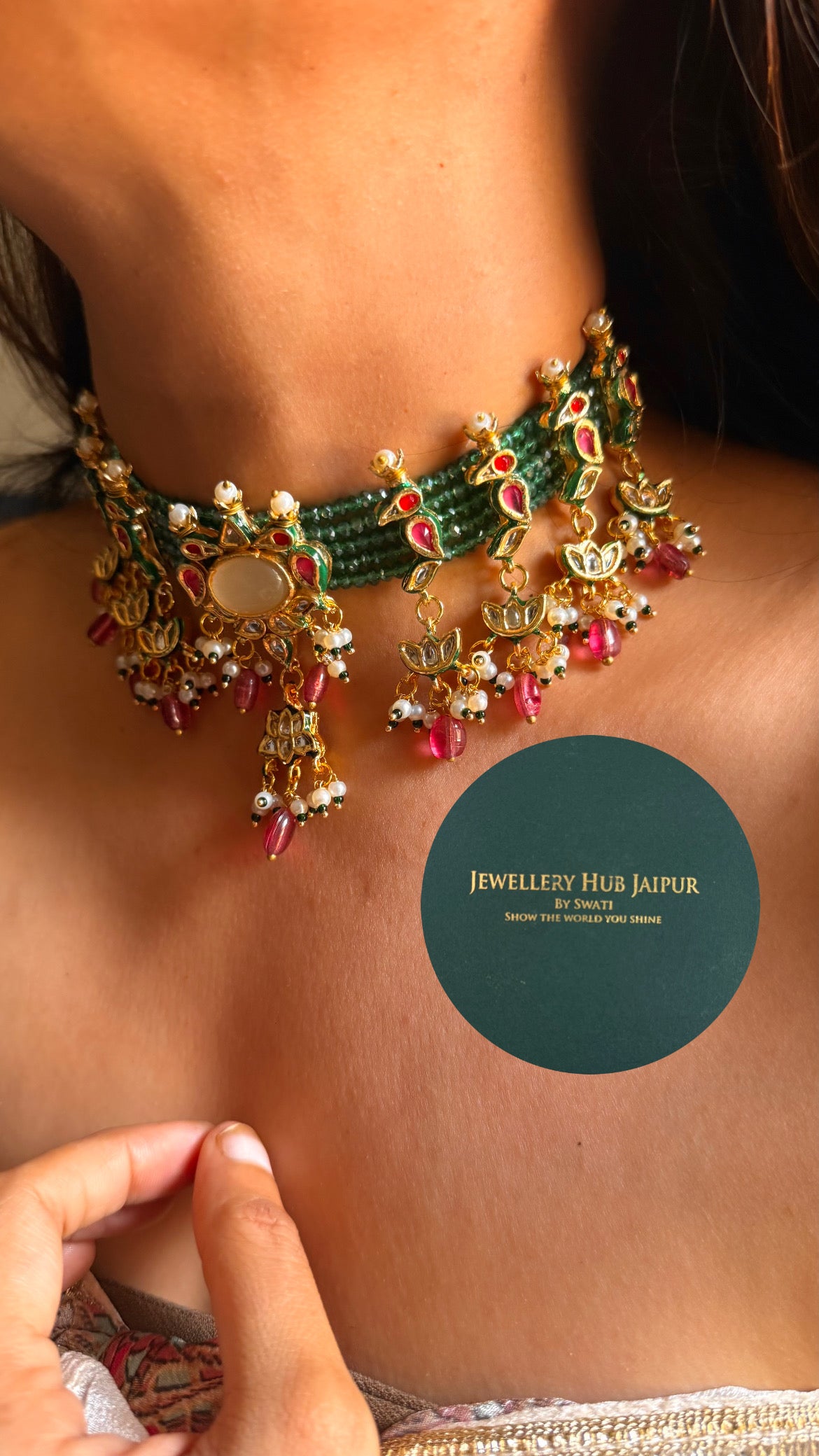 Rani pink & emerald meenakari paachi with rani pink drops paachi choker set (made on order in 10 days)