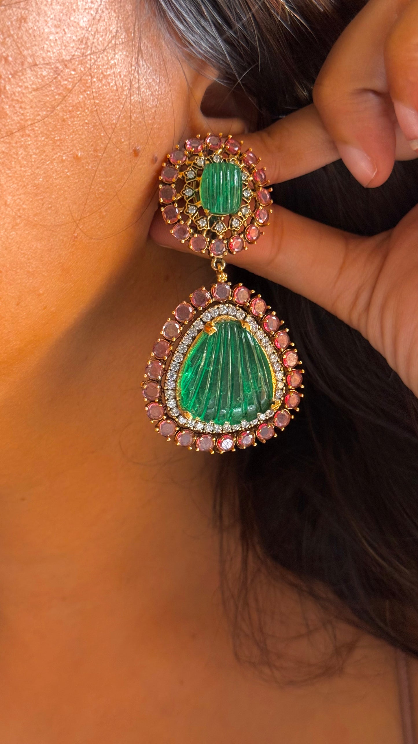 Emerald & Rose Quartz Sabyasachi inspired danglers