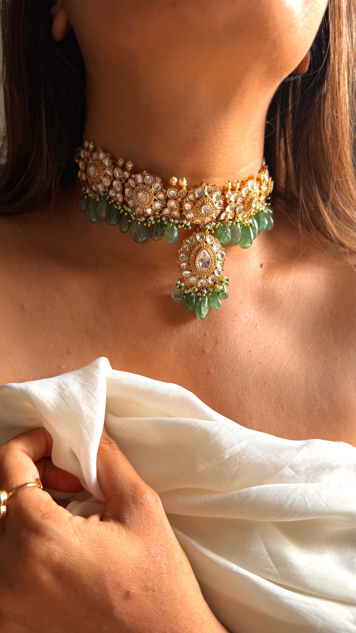 Moissanite floral choker with mint drop