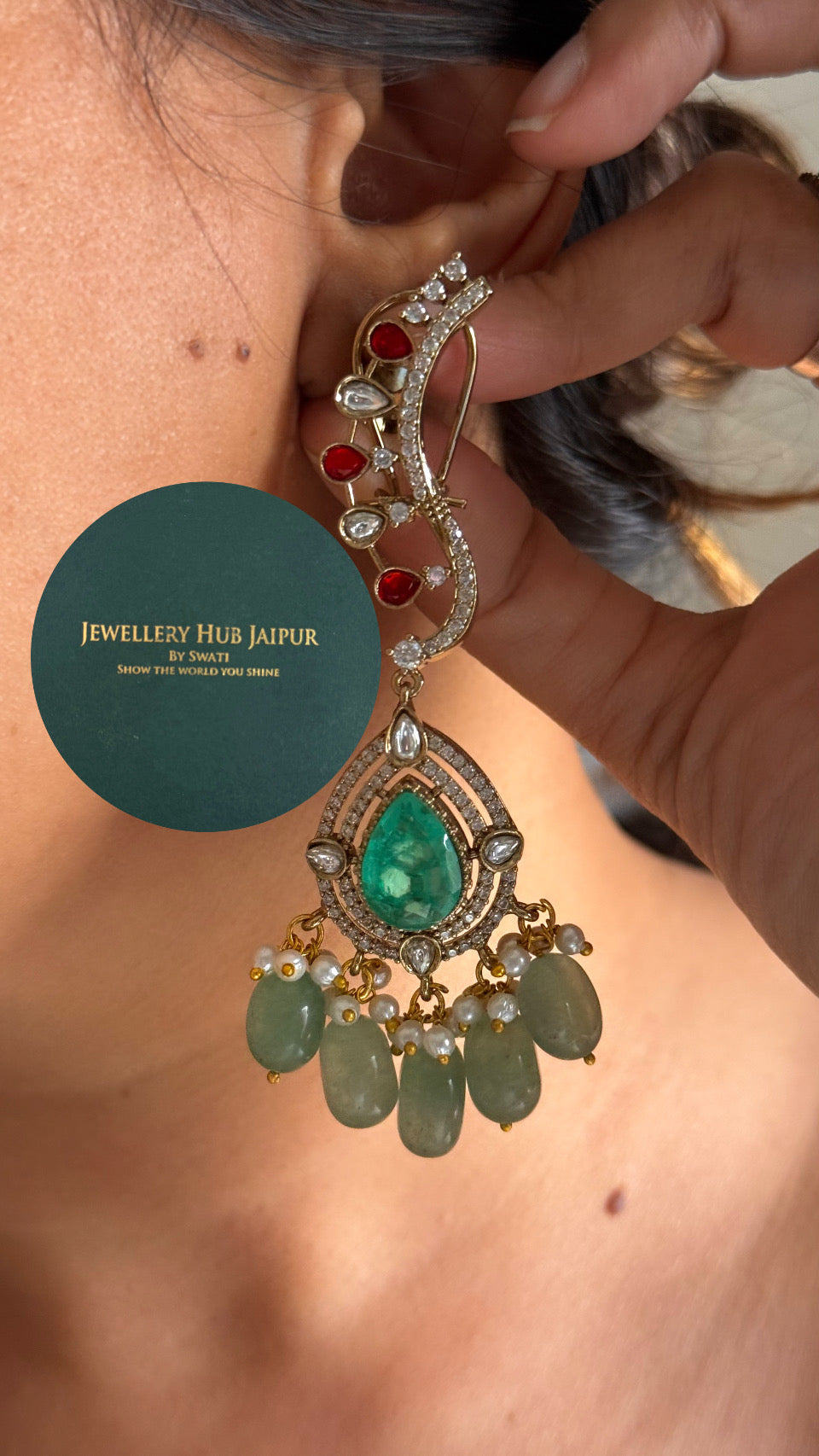 Mint doublet uncut polki triple line choker with mint drops