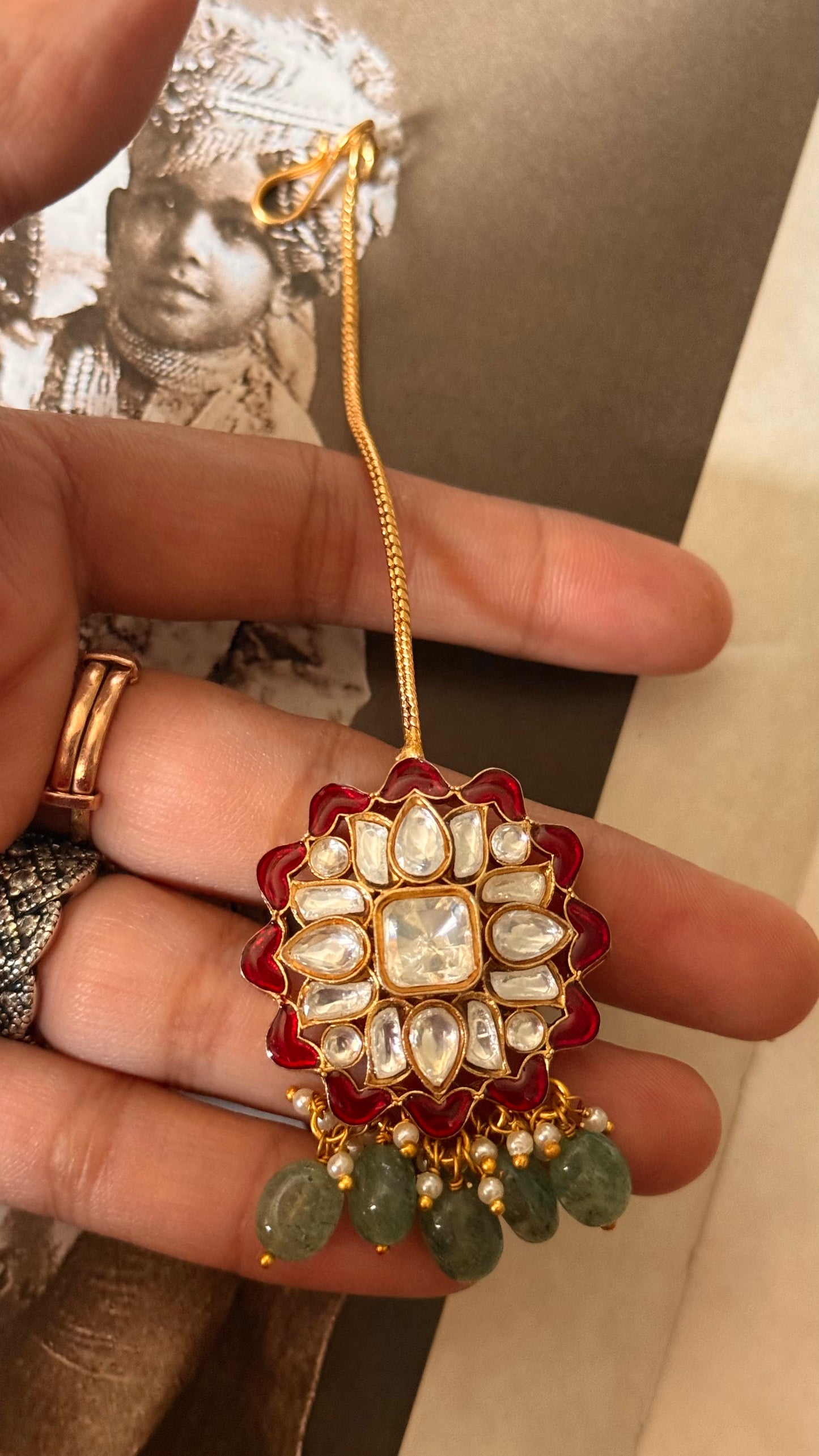Runy katdana & moissanite with mint drop maangtika