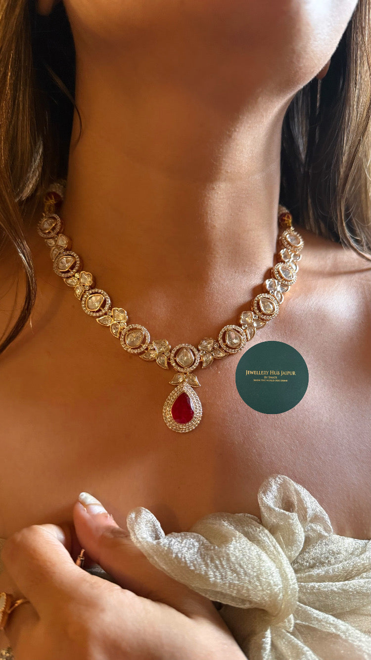 Ruby drop with moissanite uncut polki collar set