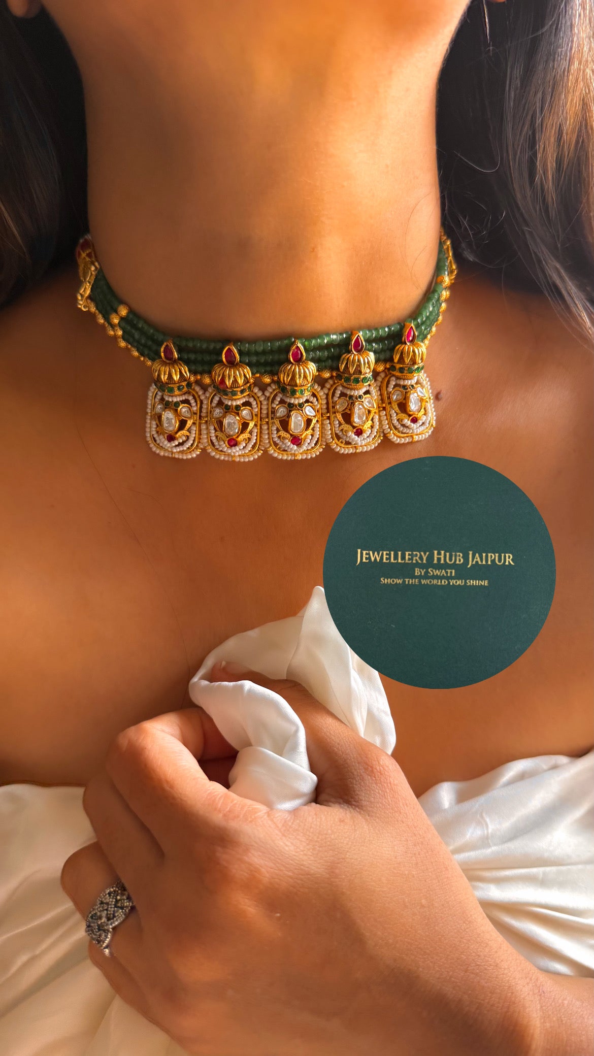 Rani pink & emerald designed kalash real moissanite choker set