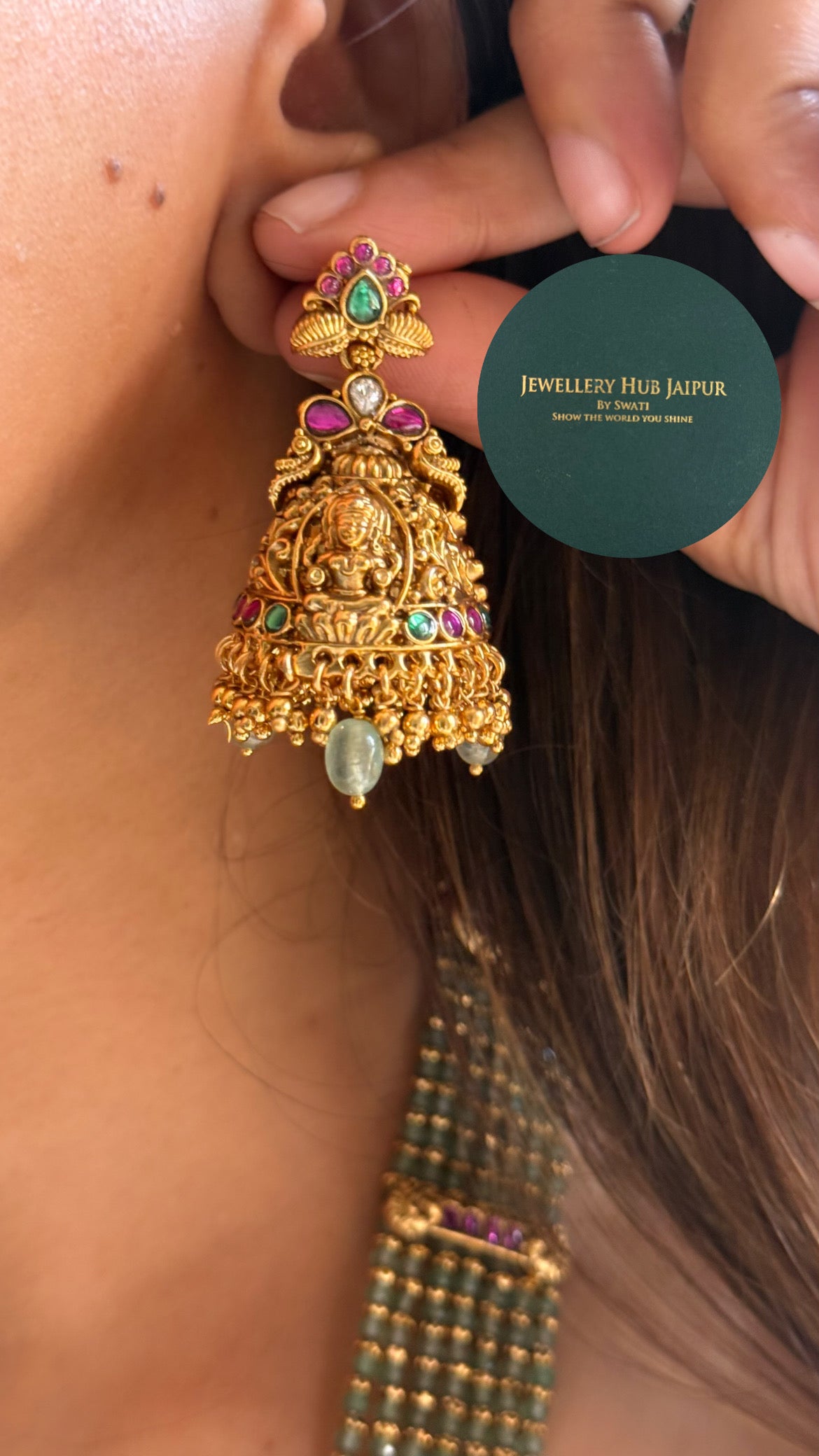 Goddess laxmi emerald & rani pink with mint string temple long set